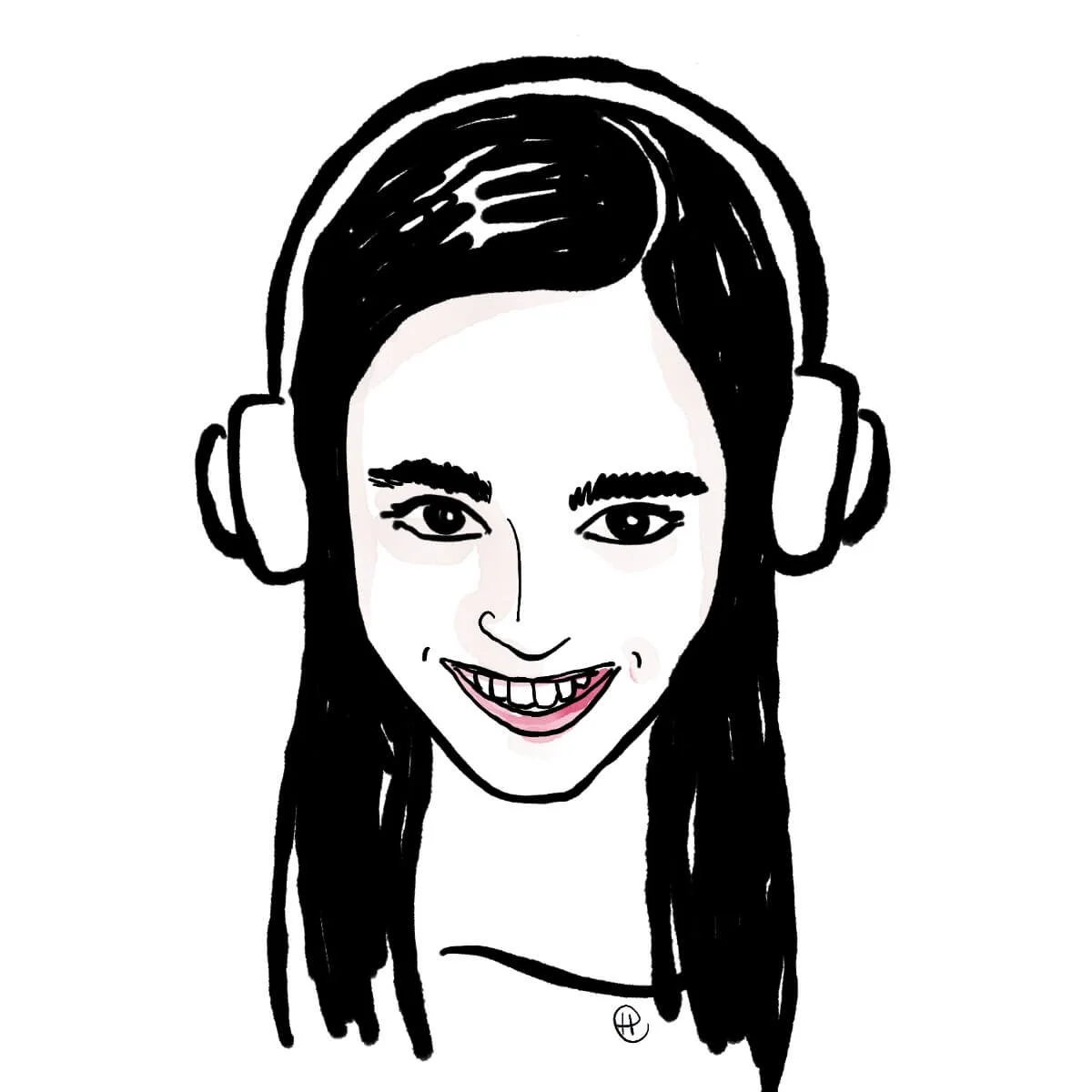 Portrait illustration of a young woman with long hair and large headphones, smiling confidently – a clean and minimal character design.
