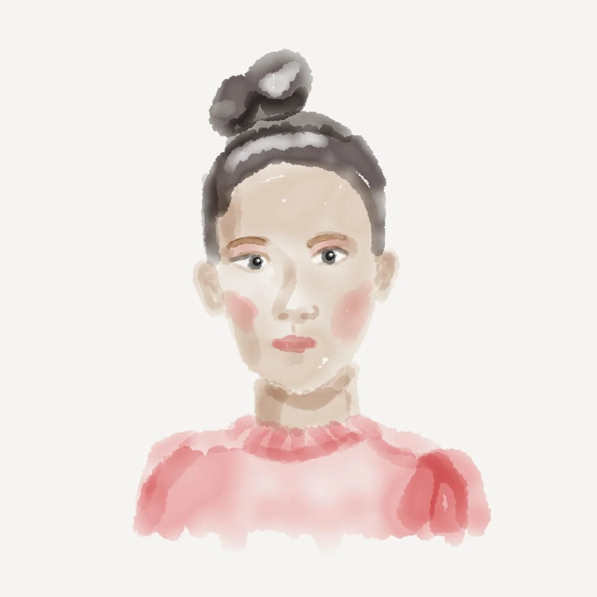 Watercolor portrait illustration of a girl with a top bun and pink blouse, created by Hoppiright. Minimalist facial expression and soft color palette on a light background.
