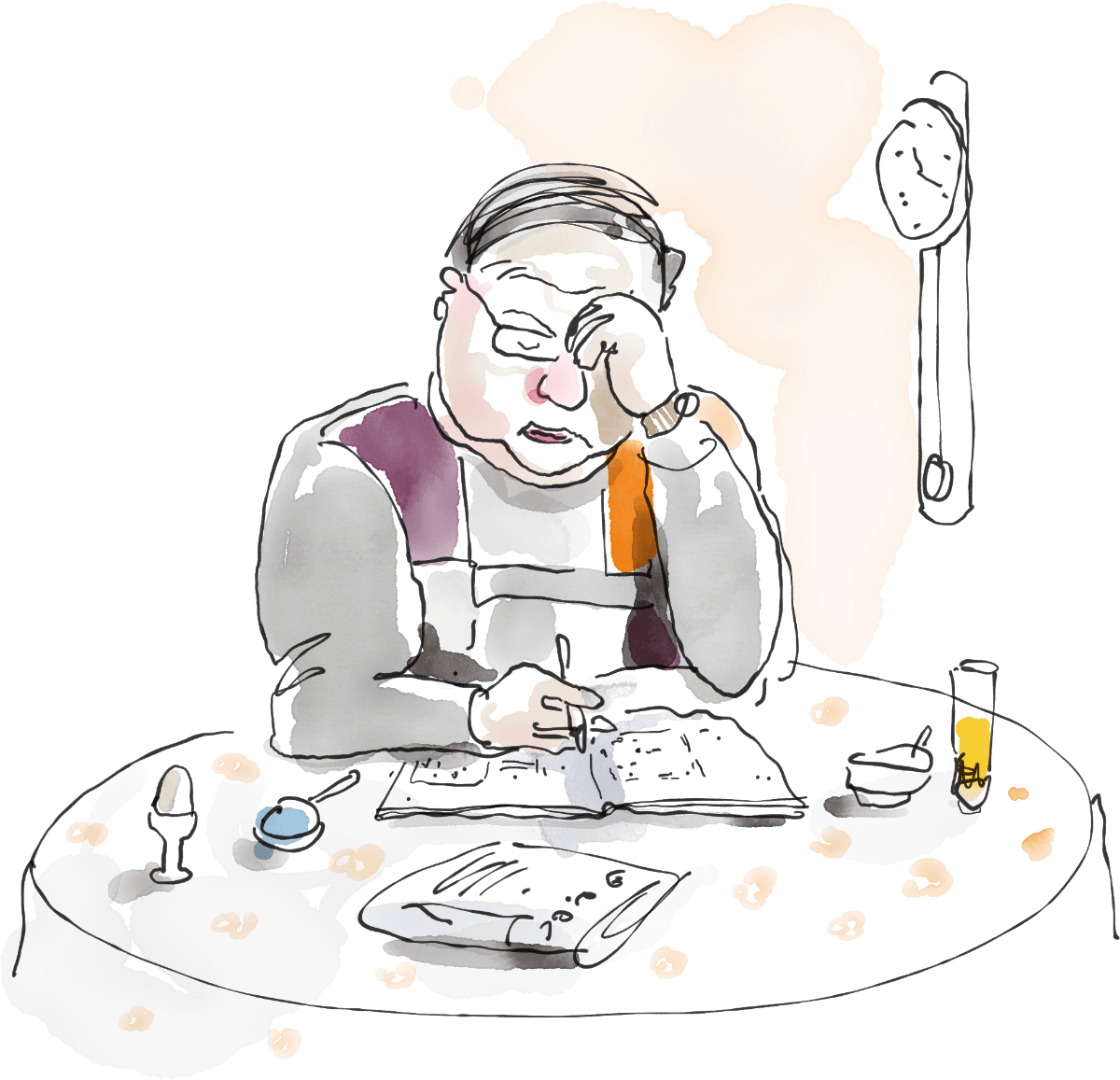 Illustration of a man doing a crossword puzzle at the breakfast table, surrounded by a soft-boiled egg, a glass of orange juice, and a newspaper.