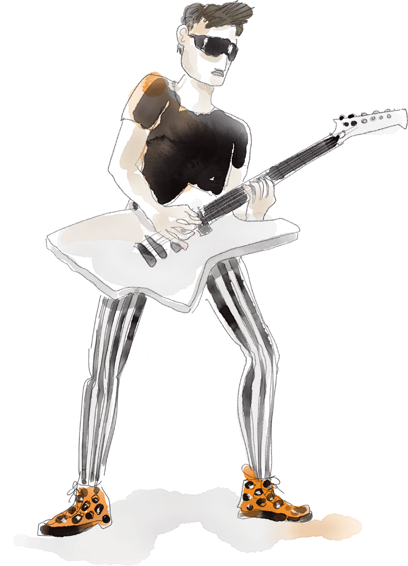 Illustration of a rock guitarist in black-and-white striped pants, orange leopard boots and a bold pose, playing an angular electric guitar – energetic and full of stage presence.