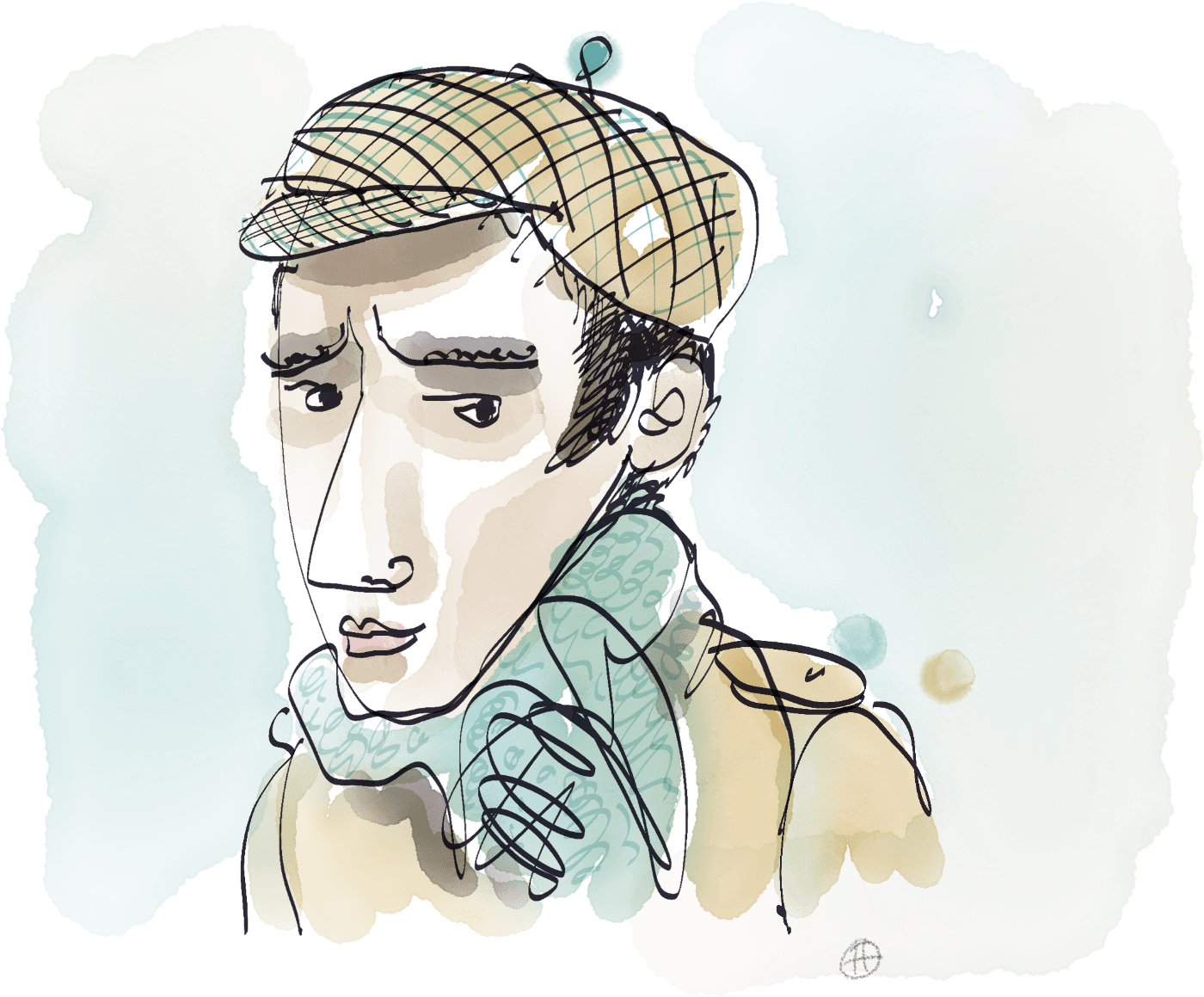 Expressive Hoppiright illustration of a grumpy-looking man wearing a checkered flat cap and scarf, created in a loose minimal line art style with soft colors.
