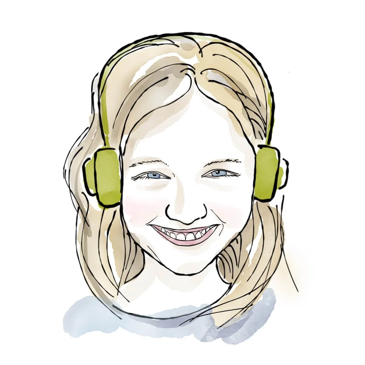 Expressive Hoppiright portrait illustration of a smiling girl wearing green headphones, captured in a minimal line art style with soft watercolor accents.