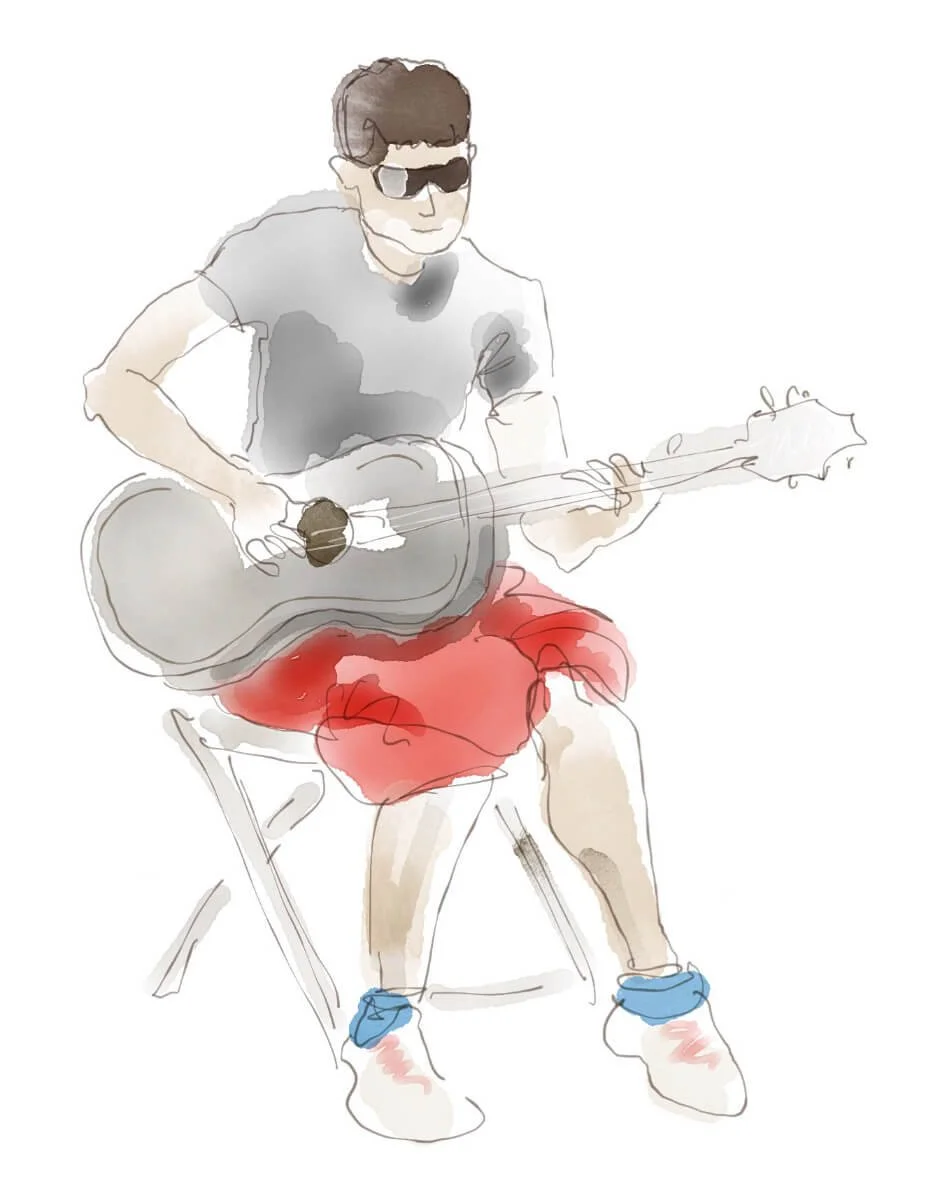 Illustration of a man wearing red shorts and sunglasses, sitting on a folding chair and playing guitar – a relaxed summer character captured in Hoppiright’s light, expressive watercolor style.