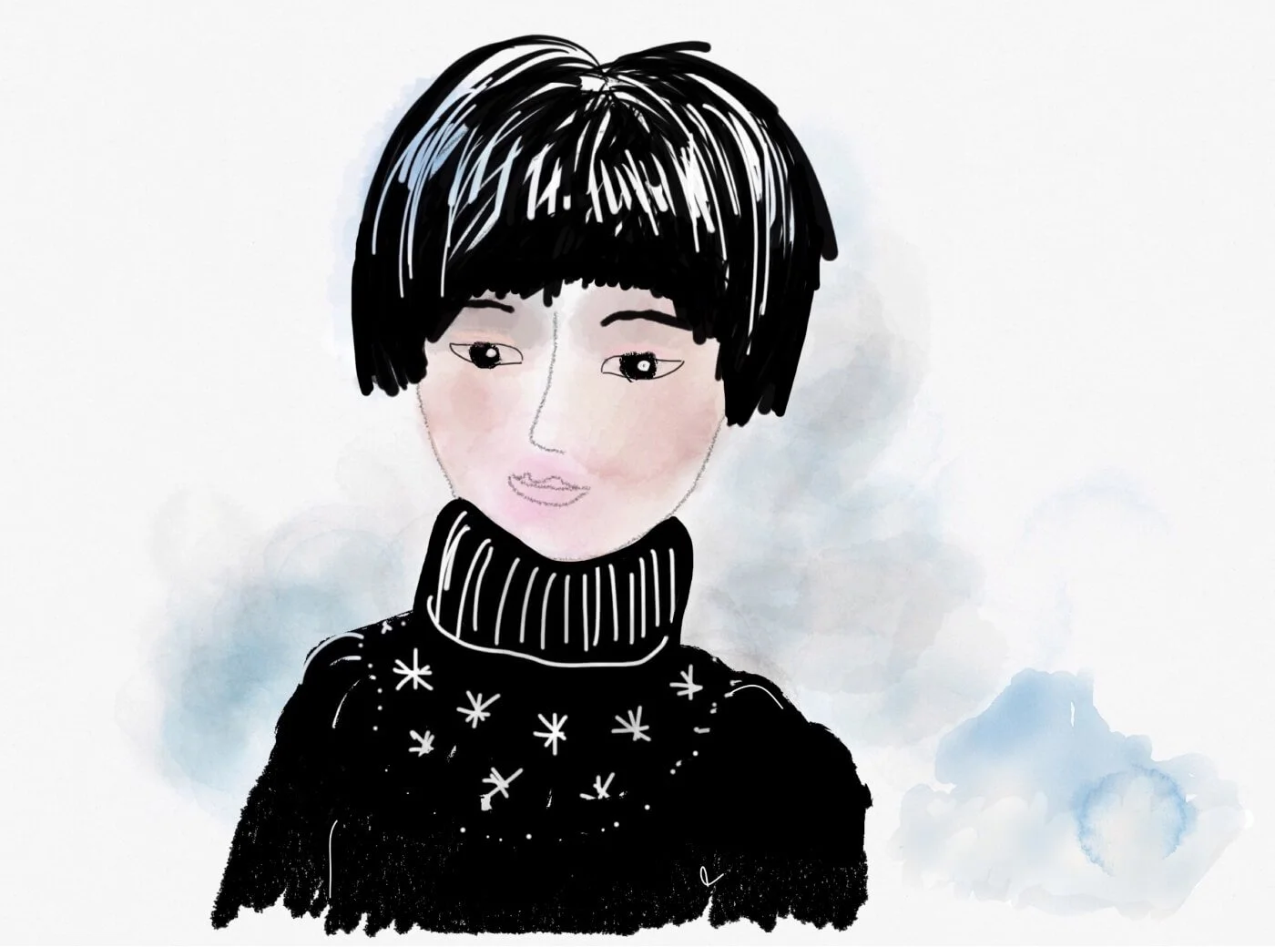 Illustrated portrait of a girl with short black hair and a turtleneck sweater, snowflake pattern on dark knitwear, created by Hoppiright.