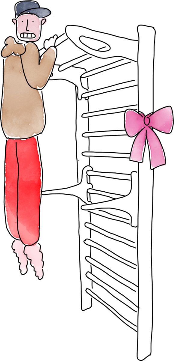 Illustration of a man doing pull-ups on a wall-mounted bar, wearing fluffy socks and a strained expression. A large pink bow is attached to the bar – a humorous character caught mid-effort, turning workout into a gift.
