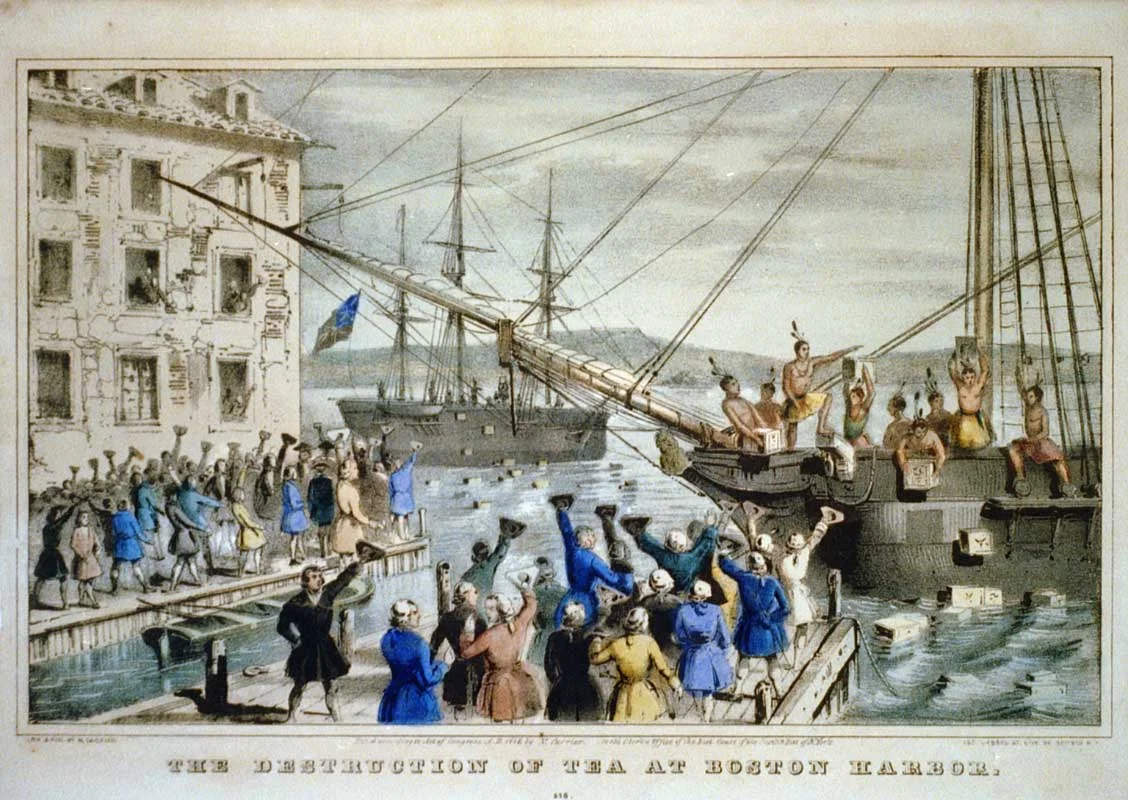 Boston Tea Party. "Bu kadar az vergi mi olur" diyen vatandaşlar, vergi oranı sıfıra düşen çaylarını protesto amacıyla denize döküyorlar