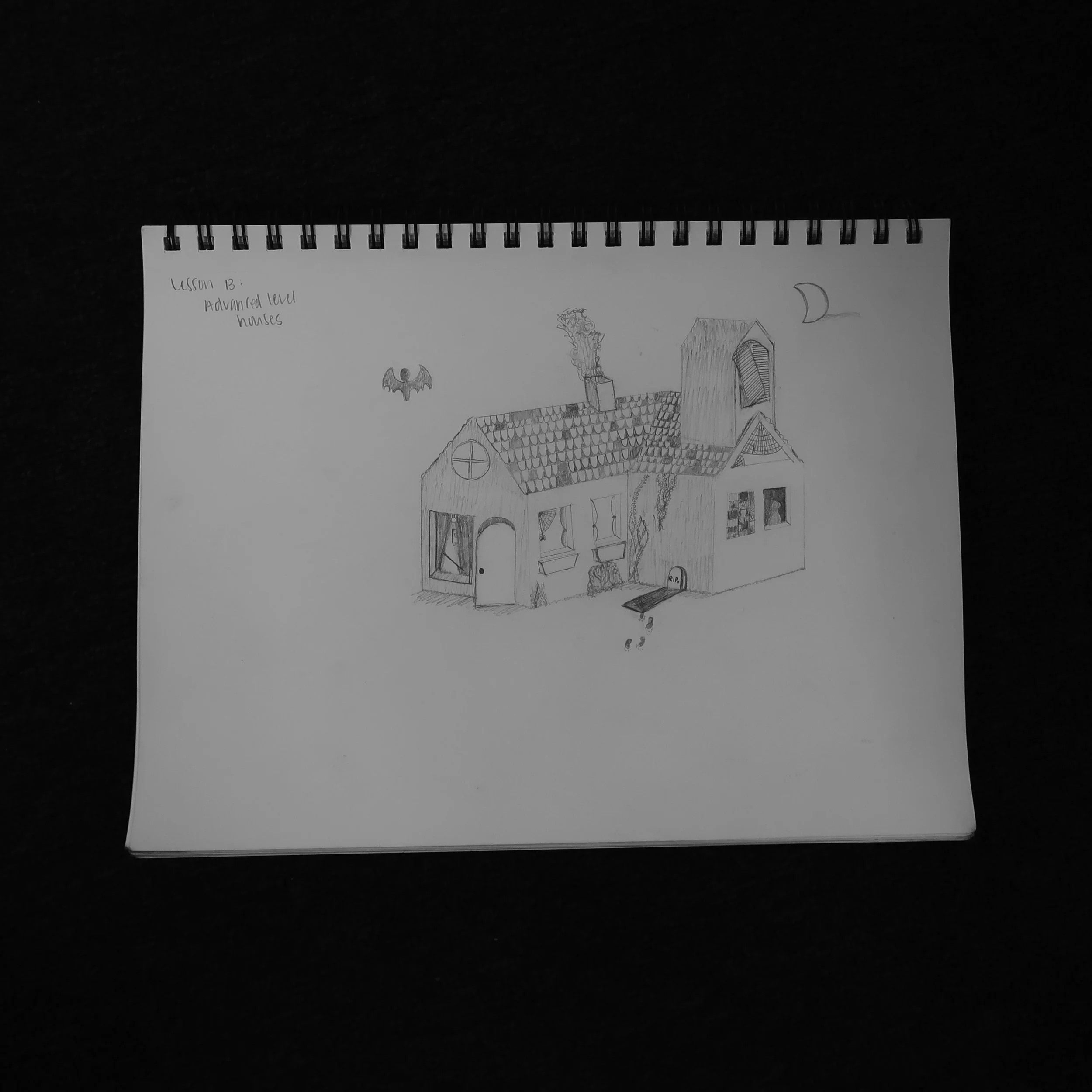 This was my favorite drawing. I don't really love doing detail work, and I definitely didn't have the right tools, but I love this haunted house anyway.