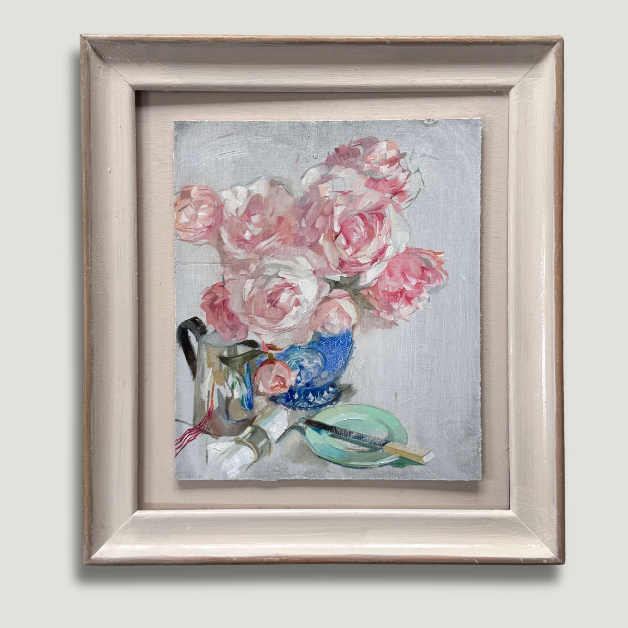 Oil Study of Pink Peonies and the Silver Teapot.
