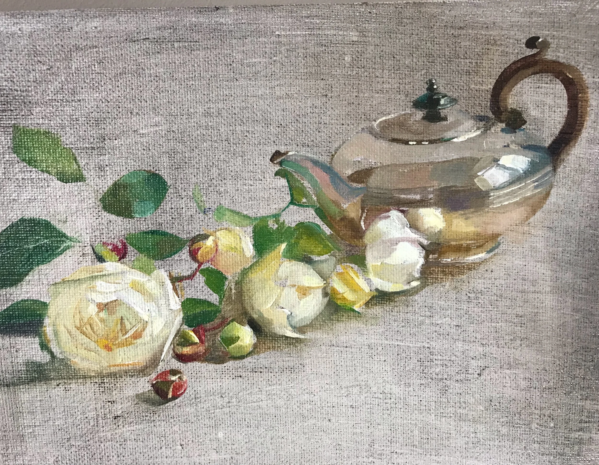 Roses and a Silver Teapot.