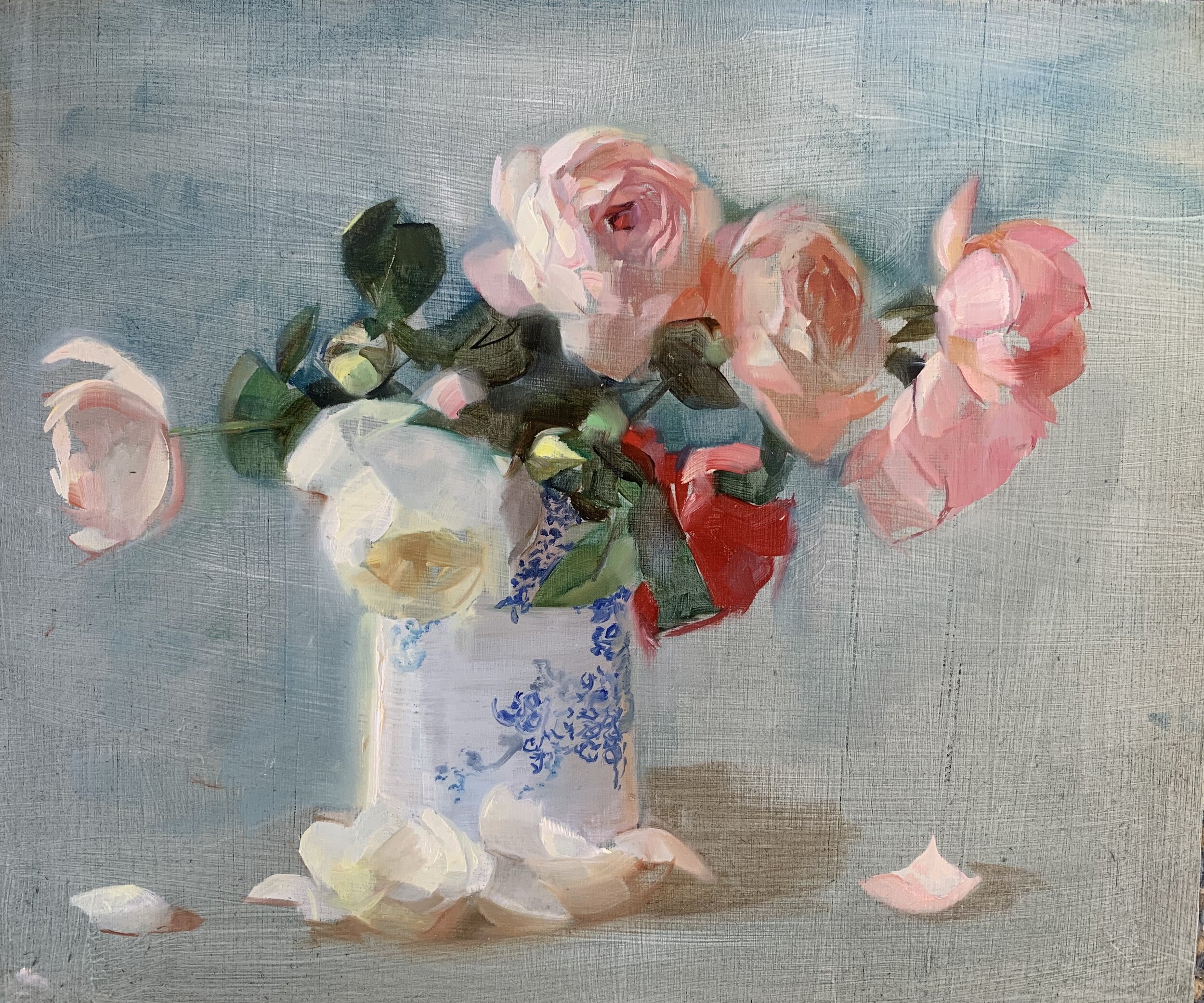 Sketch of Soft Roses on Blue