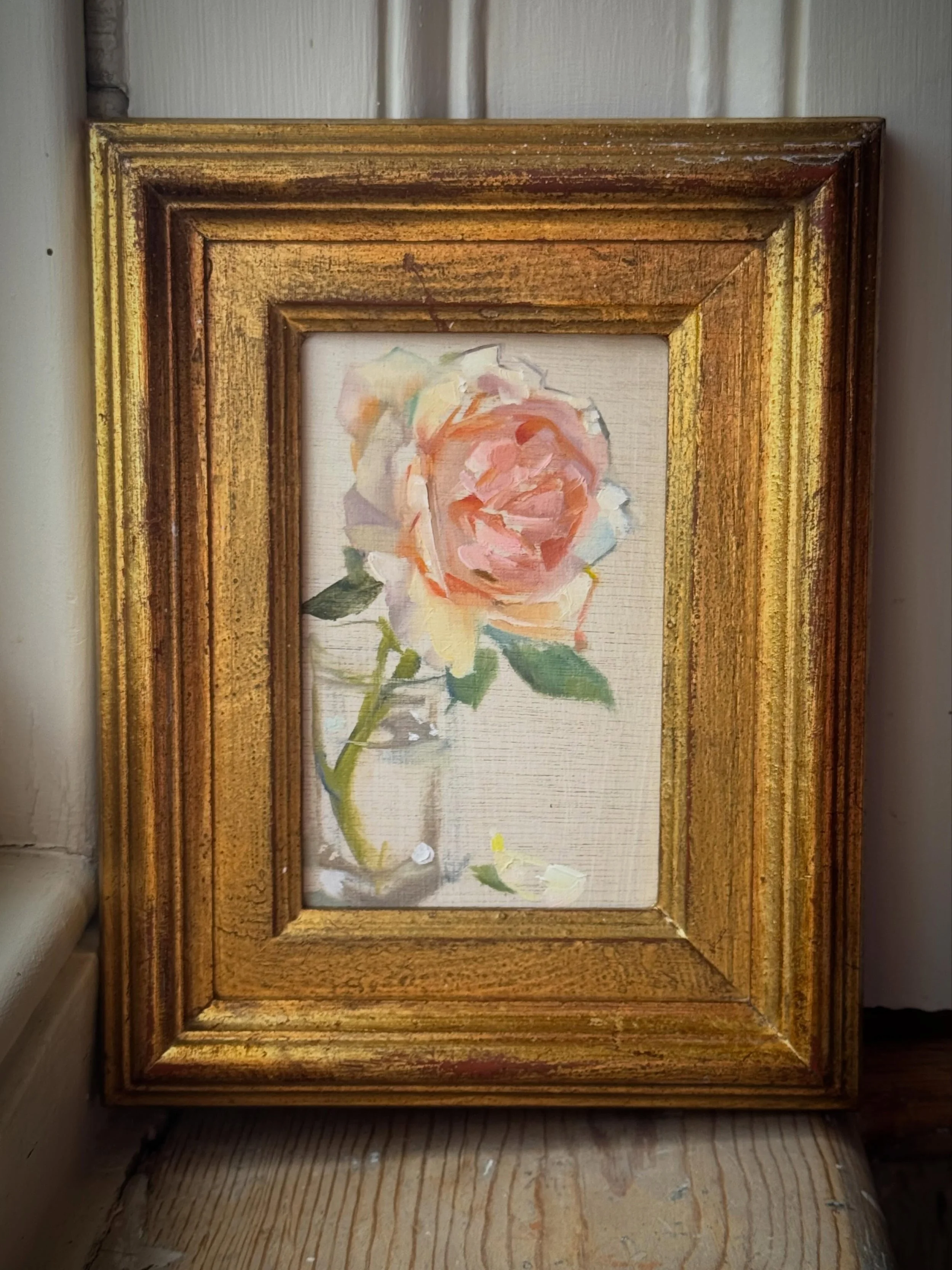 The Study of the Peach in Gold by Harriet.

Available.
Oil on Panel, framed in an Antique Gold frame.
4x7 inches(7x9 inches in frame)
Link in Bio.

#rosepainting #presentideas #artcollector #buyartfromartists #originaloilpainting
