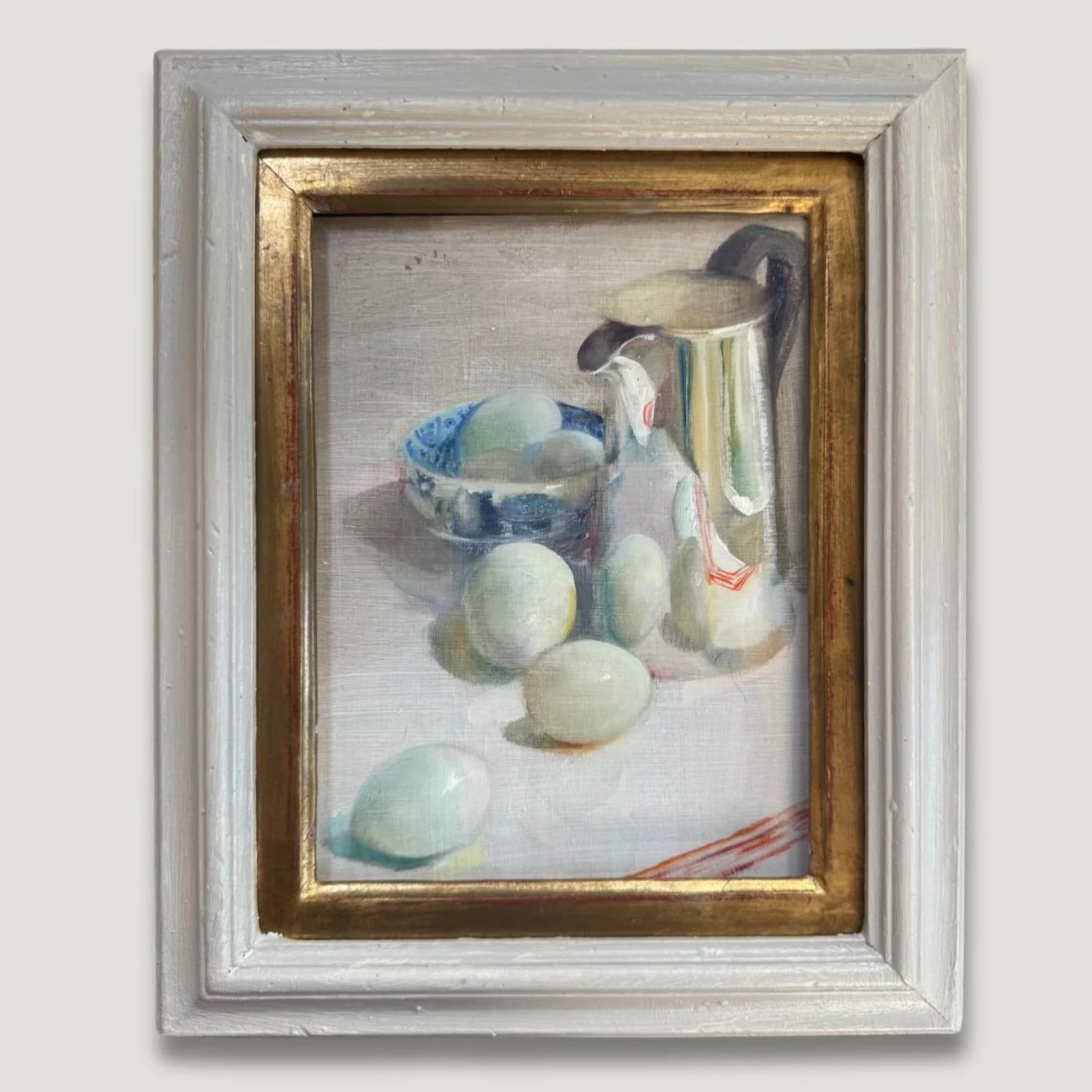 Blue Eggs and Blue and White Bowl Reflected in Silver.