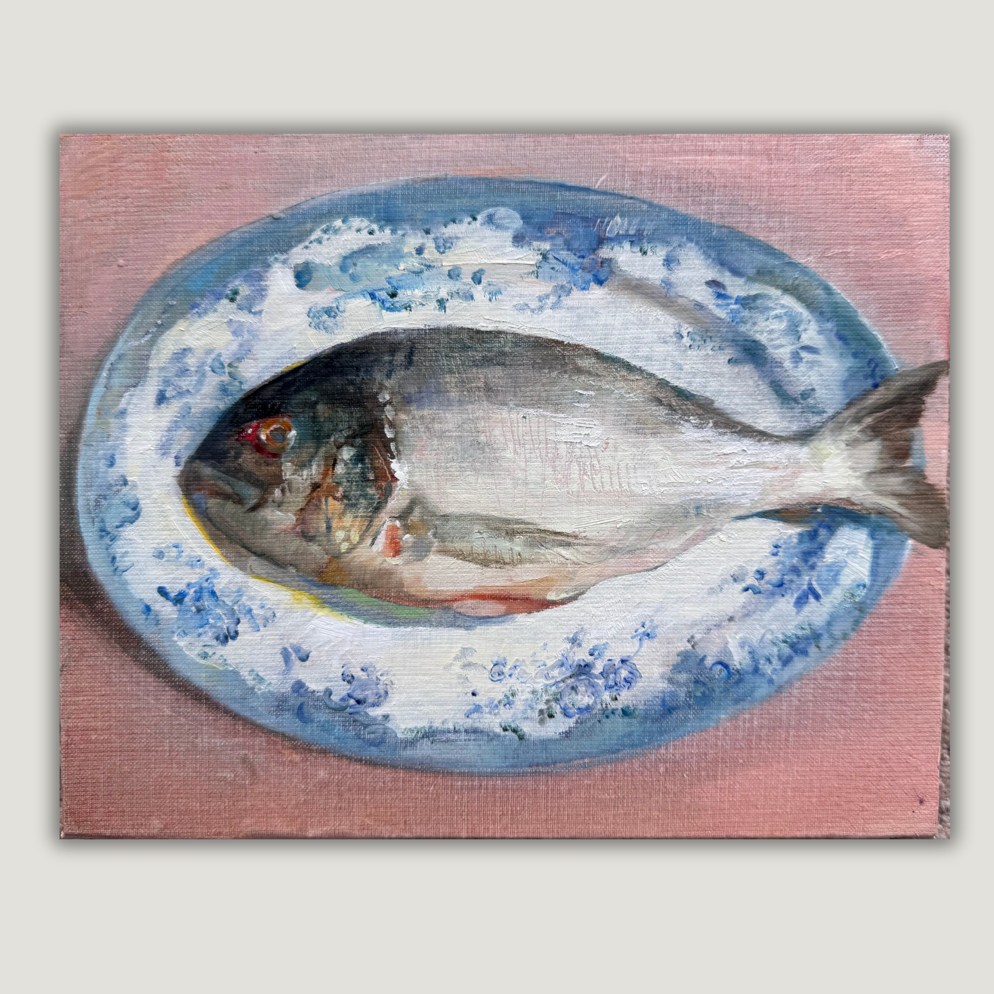 An Oil study of the Bream on a painted plate.