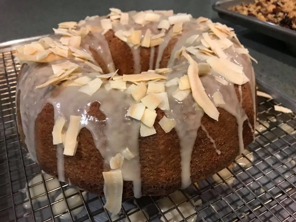 Citrus pound cake with vanilla bean glaze and coconut 