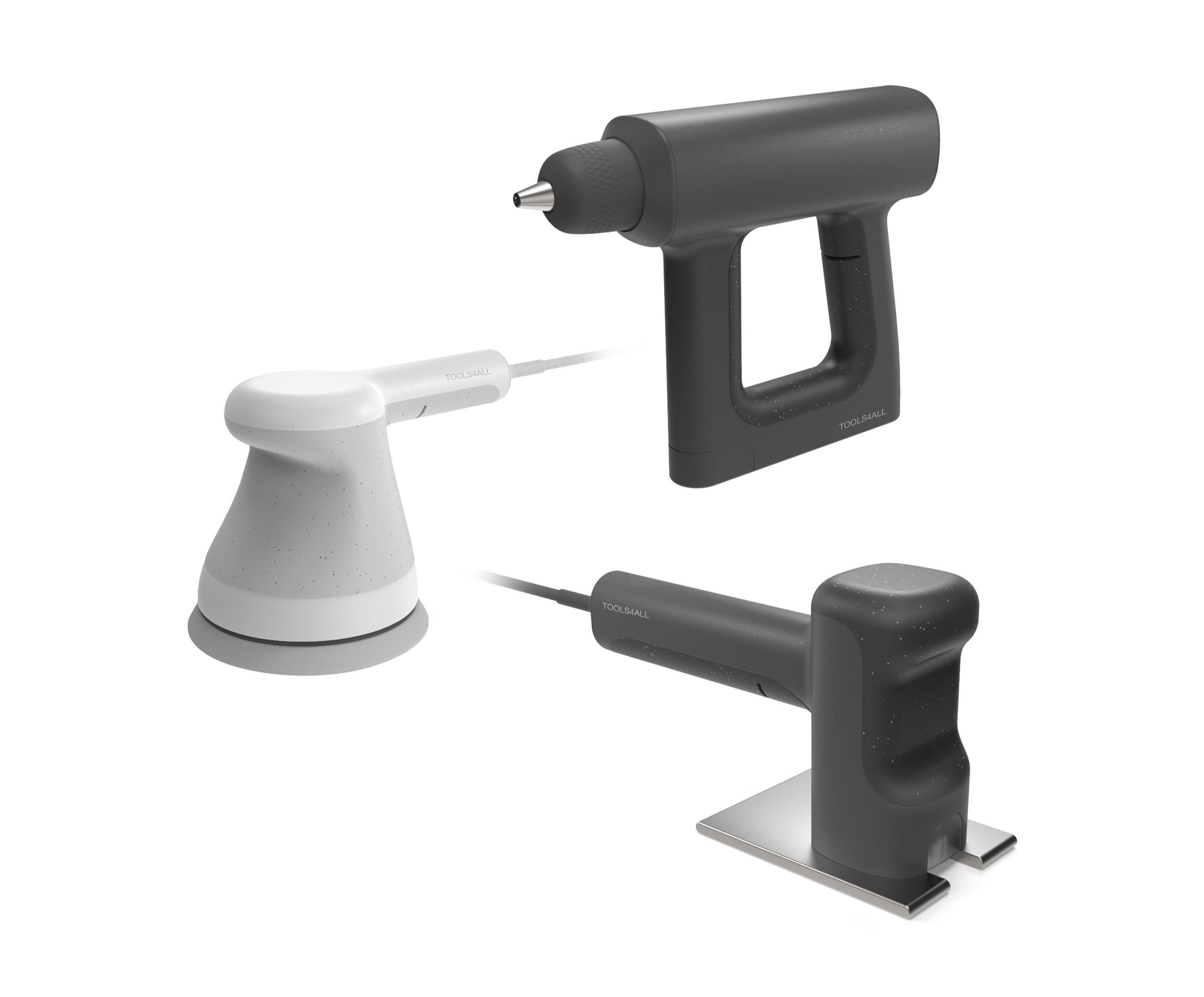  TOOLS4ALL is a response to a client brief to design an introductory line of power tools for women. Each tool is designed  for smaller hands, and can be used two-handed for extra leverage.  
