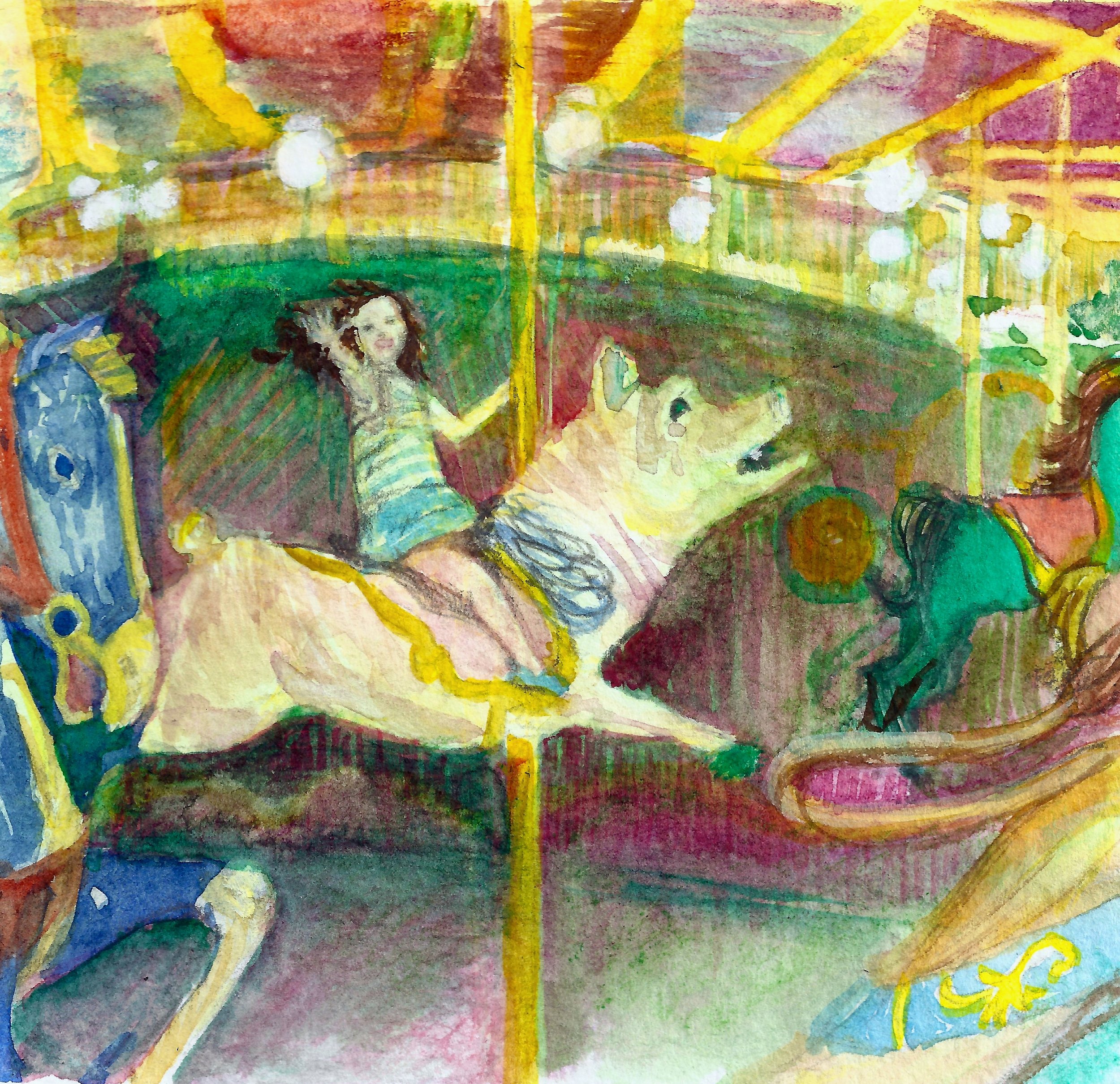Merry on the Carousel Mixed Media. acrylic, watercolor, graphite on 140 lb cold press