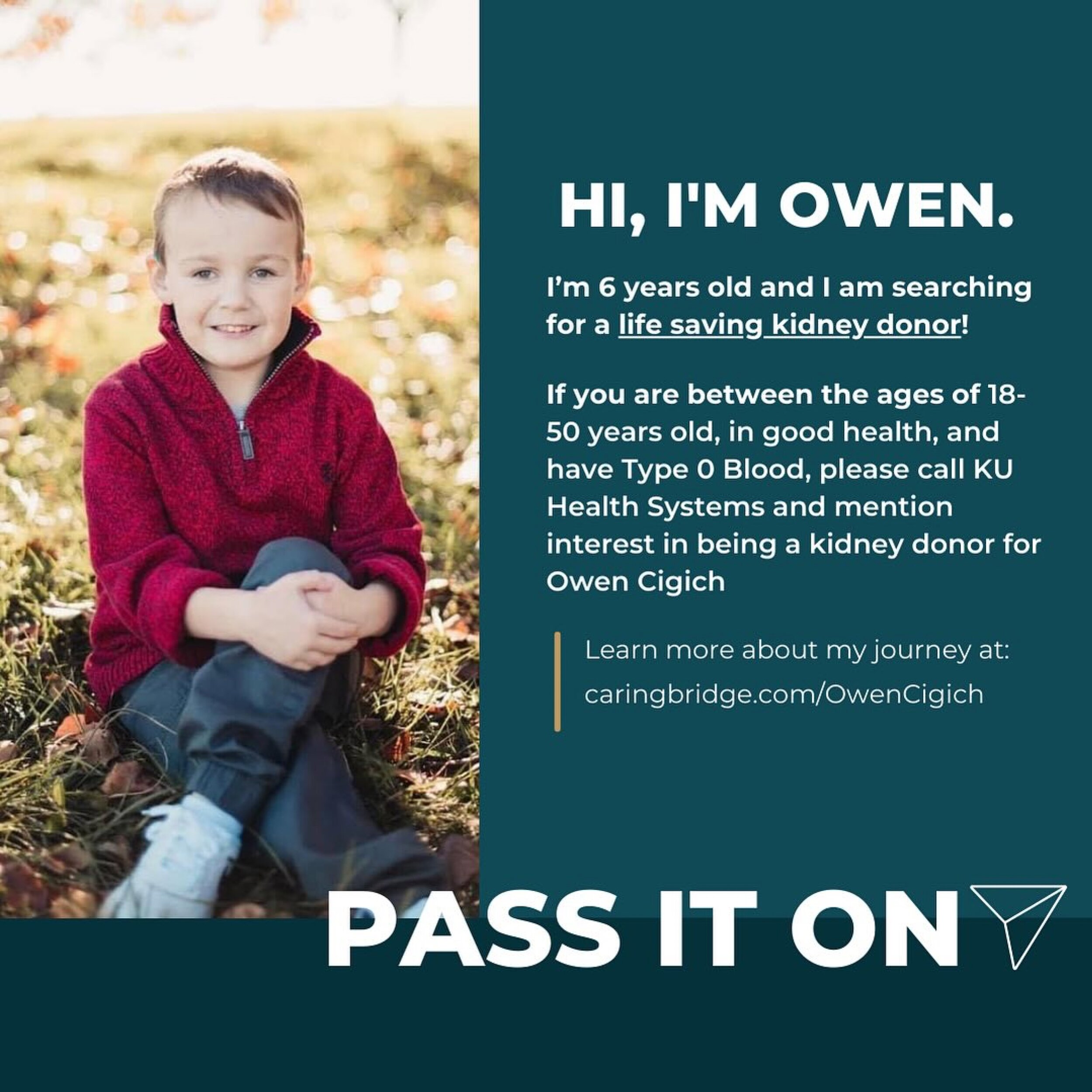 Let&rsquo;s raise awareness about Owen and his search for a kidney donor 💚💙 #donatelife #shareyourspare #organdonation #livingdonorneeded #Repost @kc_developmental_therapies
・・・
PLEASE SHARE to help Owen find his match and follow his journey at car