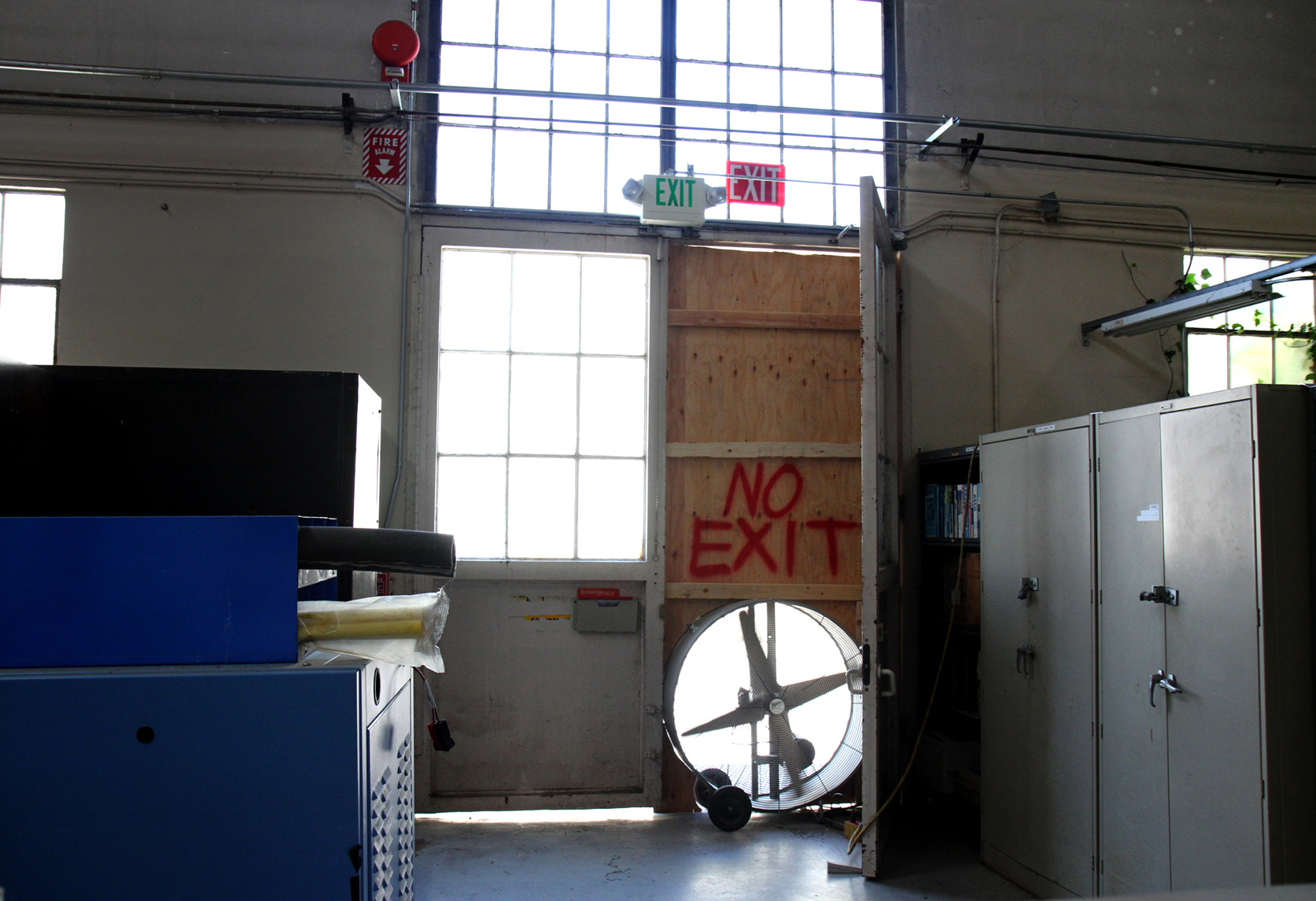Inside Building 10, a side of a wall is carved to fit a fan, ventilating TCE fumes. 