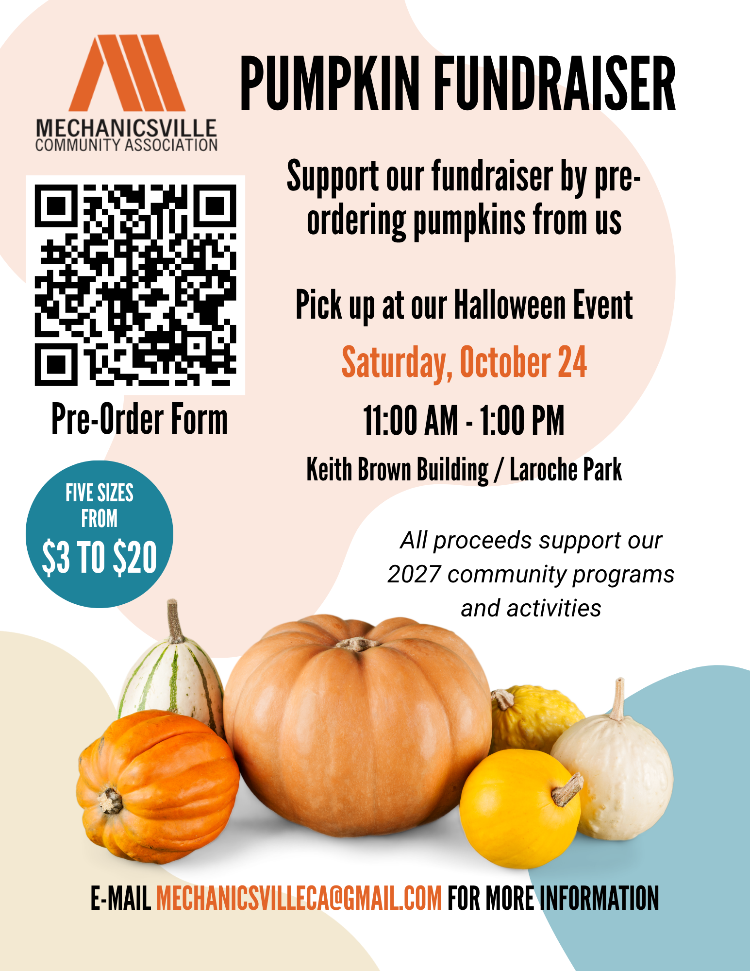 colourful blobs behind a photo of orange, yellow, and white pumpkins of different sizes. Poster advertises a pumpkin fundraiser with pick up at Halloween Event October 24, with QR code for purchases.