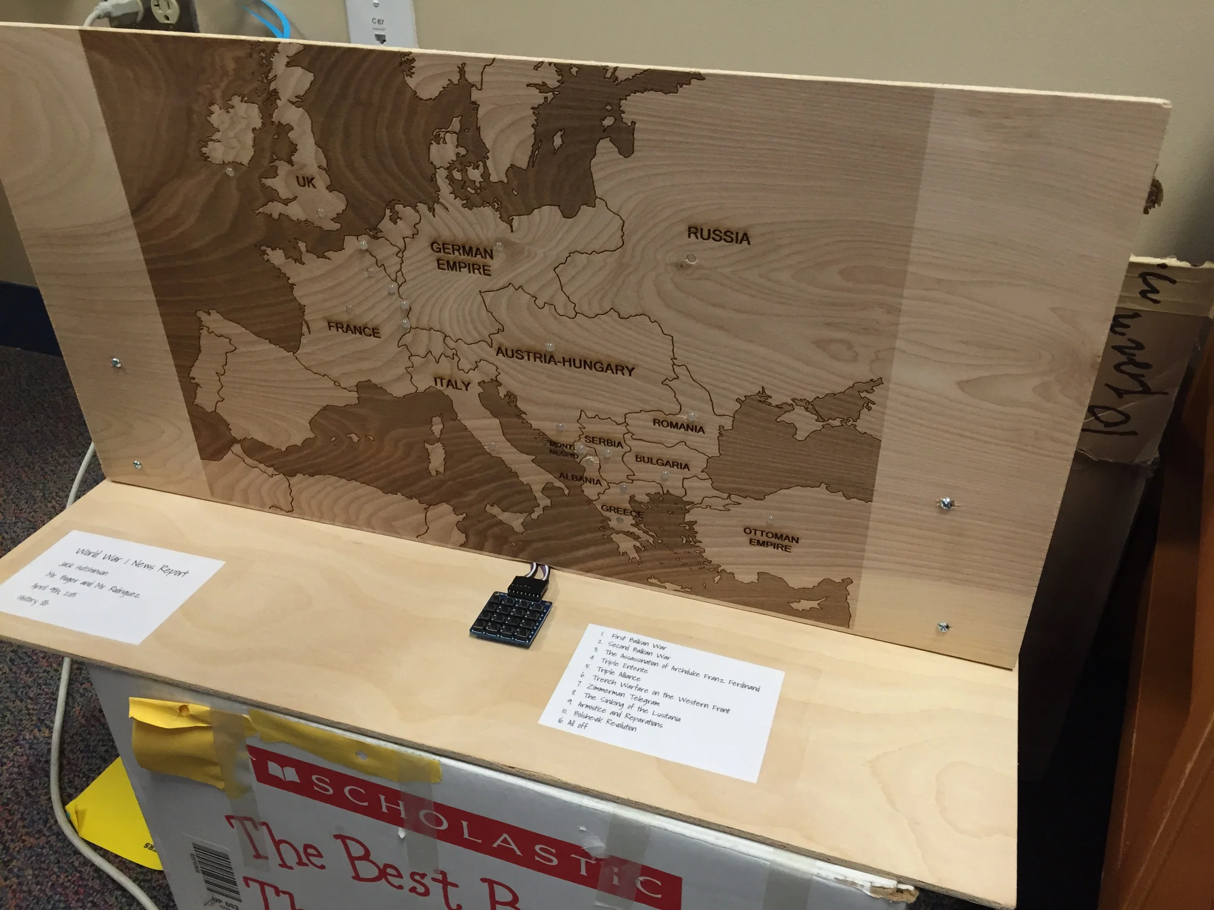 WW1 custom laser cut + arduino controlled map from social studies.  