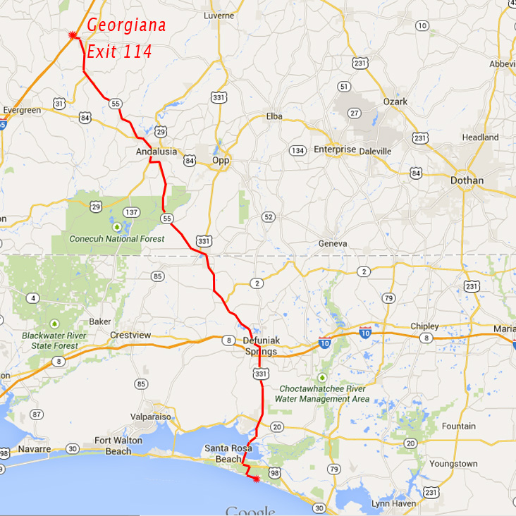 From Georgiana to Shutters is 2:10. DON"T SPEED, the cops are always on 55 waiting to get tourists.