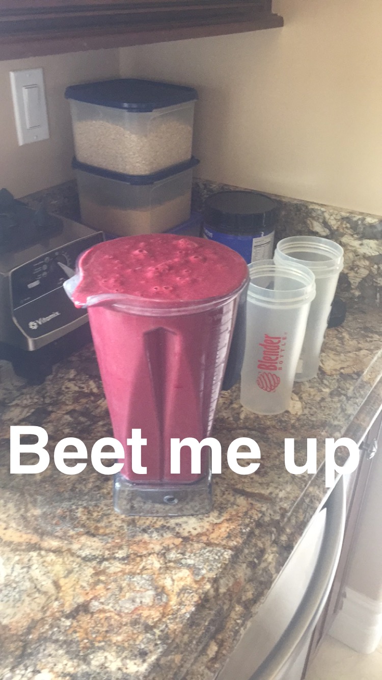 Physical recovery from my runs equals this every morning for breakfast! This monster is 1 scoop vanilla protein powder, tons of spinach, 1 beet, 2 carrots, 1 apple, and some frozen mangos. Yum. It literally takes me until noon to drink all of it. 