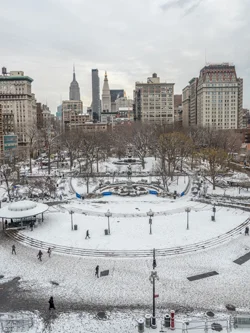 First Snow Fall Of 2015 At Union Square Park, New York City