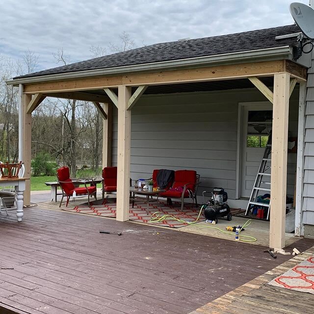 Finally a break in the weather to make progress on the back covered patio. We wrapped the posts to be chunky farmhouse style. Stain and trim still to go.... #honeydolist #diy #patiodesign #woodworking #patiostyle #homeprojects