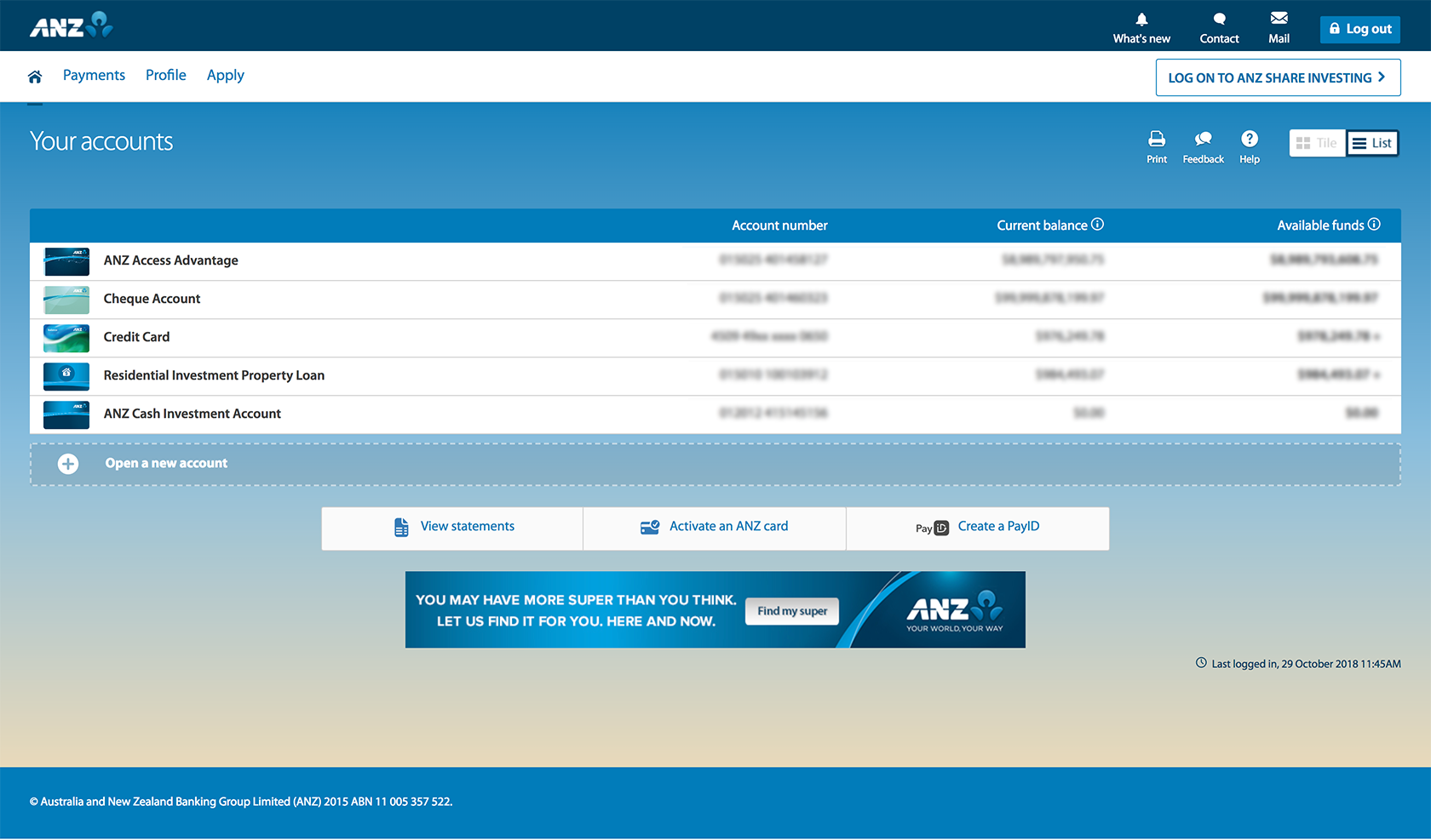 Internet Banking homepage (existing)