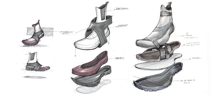    The concept phase involved sketching out various silhouettes ranging from a surf bootie like fit all the way to a rubber boot type feel. The idea was to create a smooth upper that was both rugged and easy to clean. The boot design is focused aroun