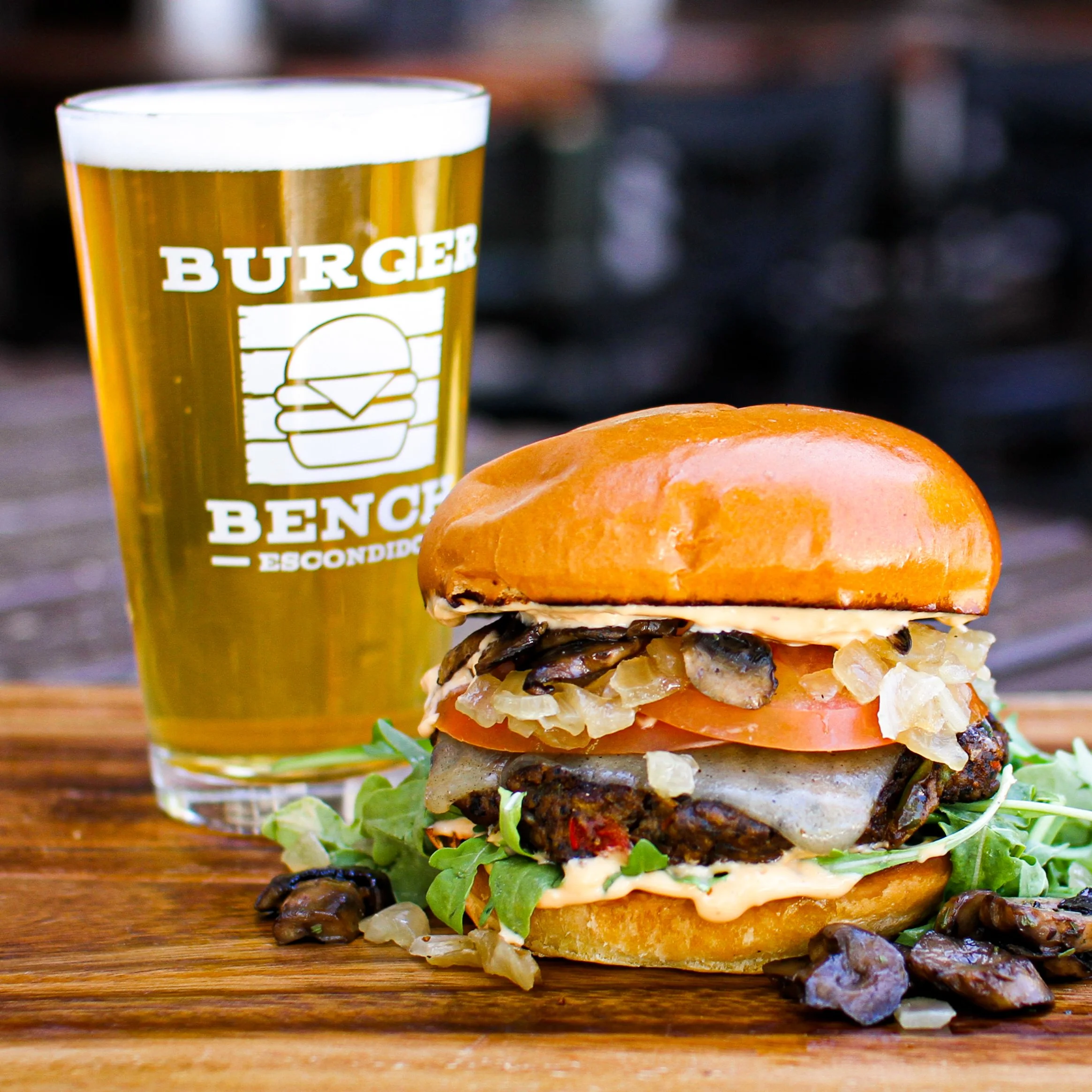 Veggie Black Bean Burger and Craft Beer at Burger Bench Escondido