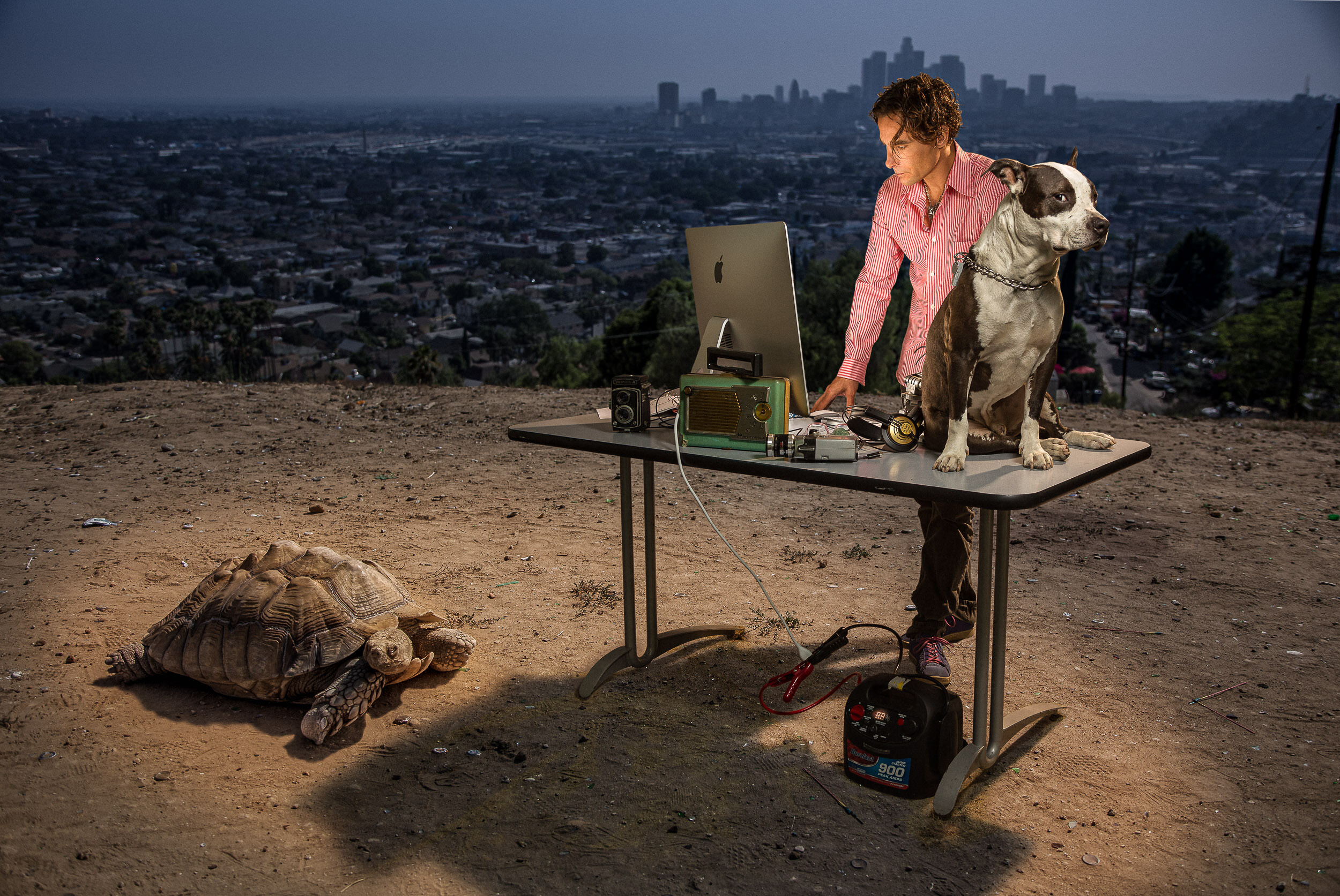 Film Editor Gabriel Wrye with his dog Biggie and his tortoise – cutting film in the wilds of Los Angeles.