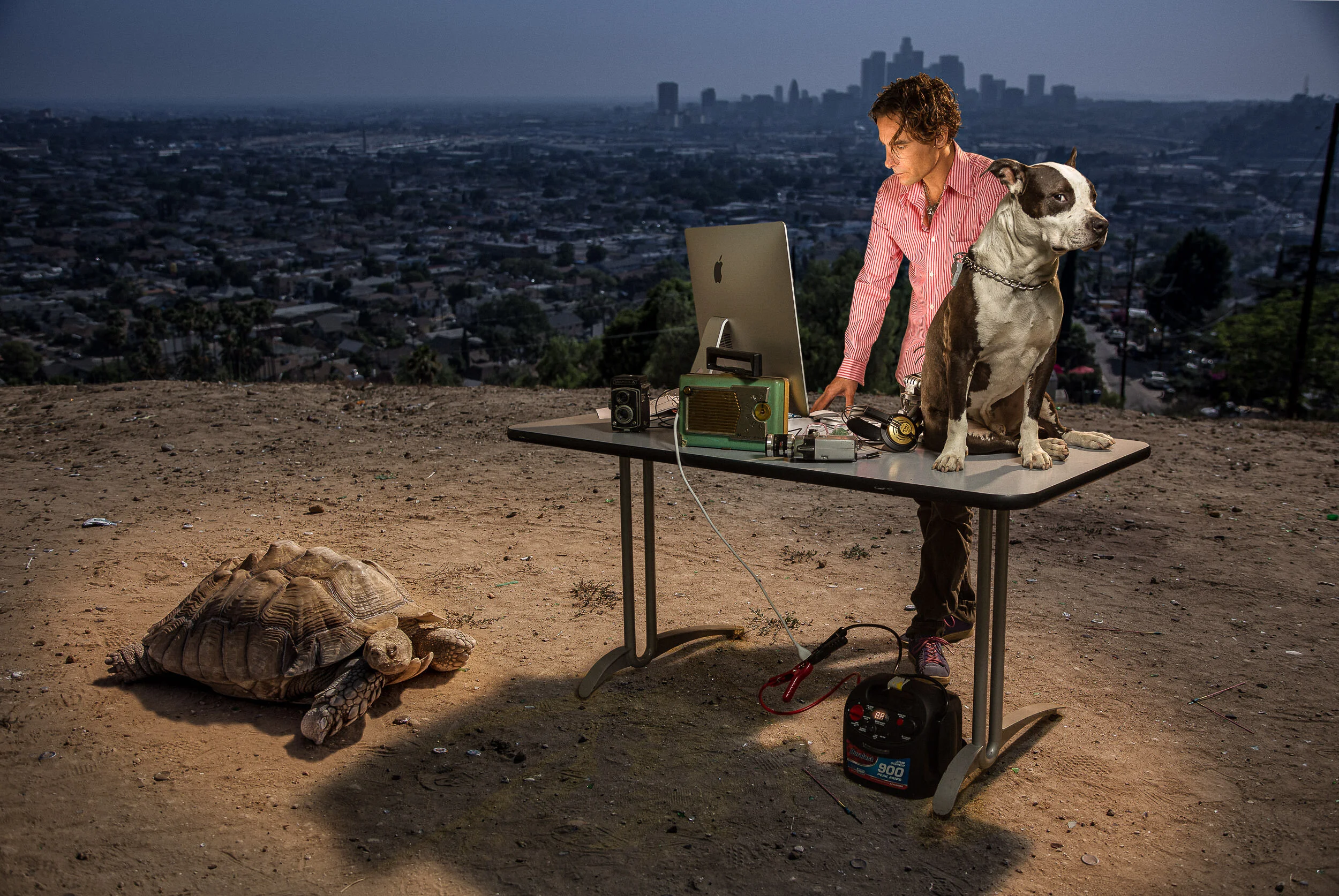 Film Editor Gabriel Wrye with his dog Biggie and his tortoise – cutting film in the wilds of Los Angeles.