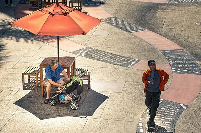 “The Protectors” — Cognizant to the faintest of sounds, Avus defensor on the left senses danger upriver, and prepares to take decisive action to protect his charge, Infantum californianus.  The passing Park Warden (Circumitor gignen