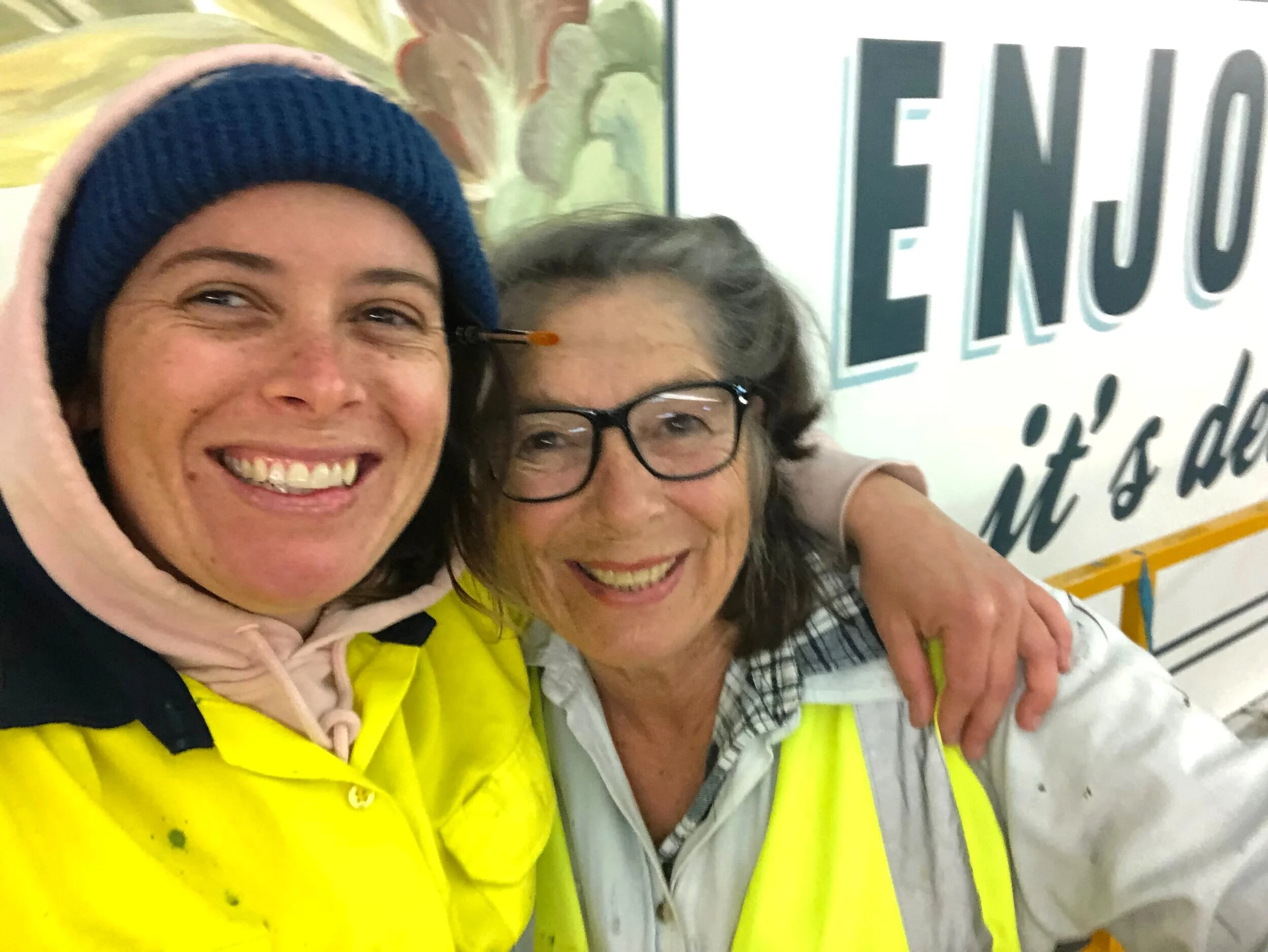 Mum, now assisting me on the job at Westfield, Westlakes SA (this photo was taken when we finished the mural at 4:30am)