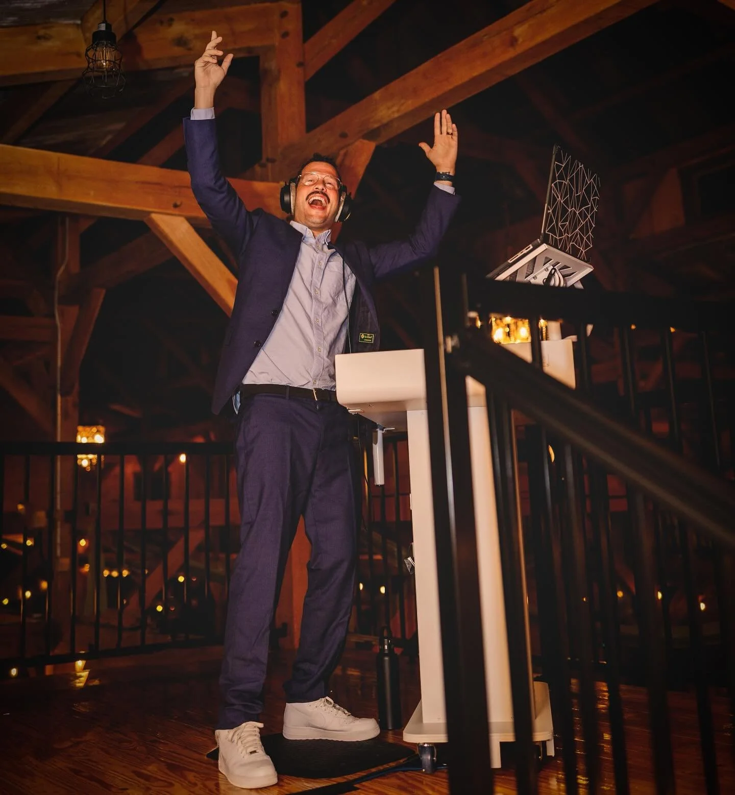 I love DJing! I was IN MY ZONE the other night at Drew &amp; Mindi&rsquo;s wedding.
Photo by @katierobinphoto 
Up in my DJ loft at @whiteoaksbarn