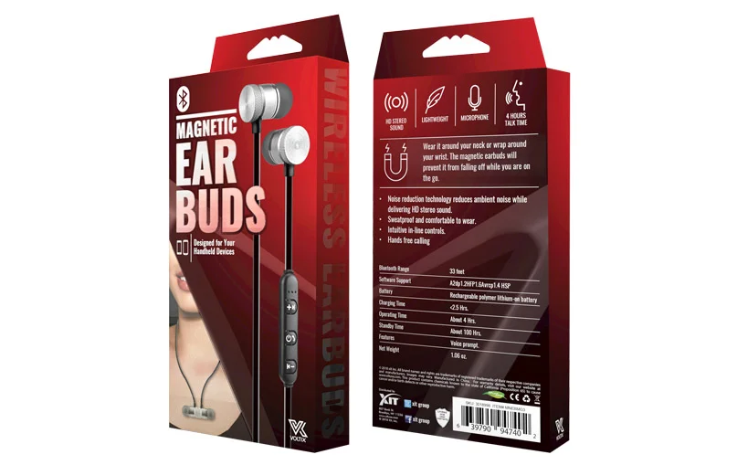 VOLTIX Packaging for a set of magnetic earbuds. They magnetically snap together and can be wrap around the user’s neck while on the go