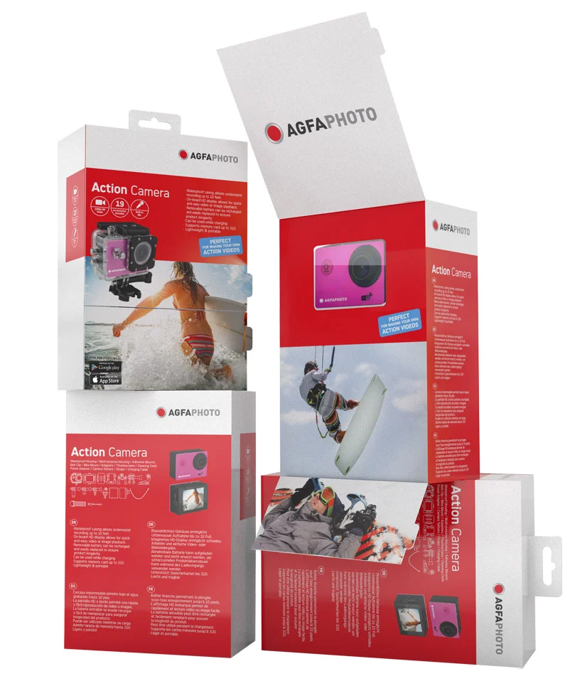 AGFAPHOTO This action camera packaging had to be designed under the AgfaPhoto brand guidelines. It features two door flaps. When these flaps are open, a window is reveal showcasing the product and also lifestyle images that capture the essence of this brand