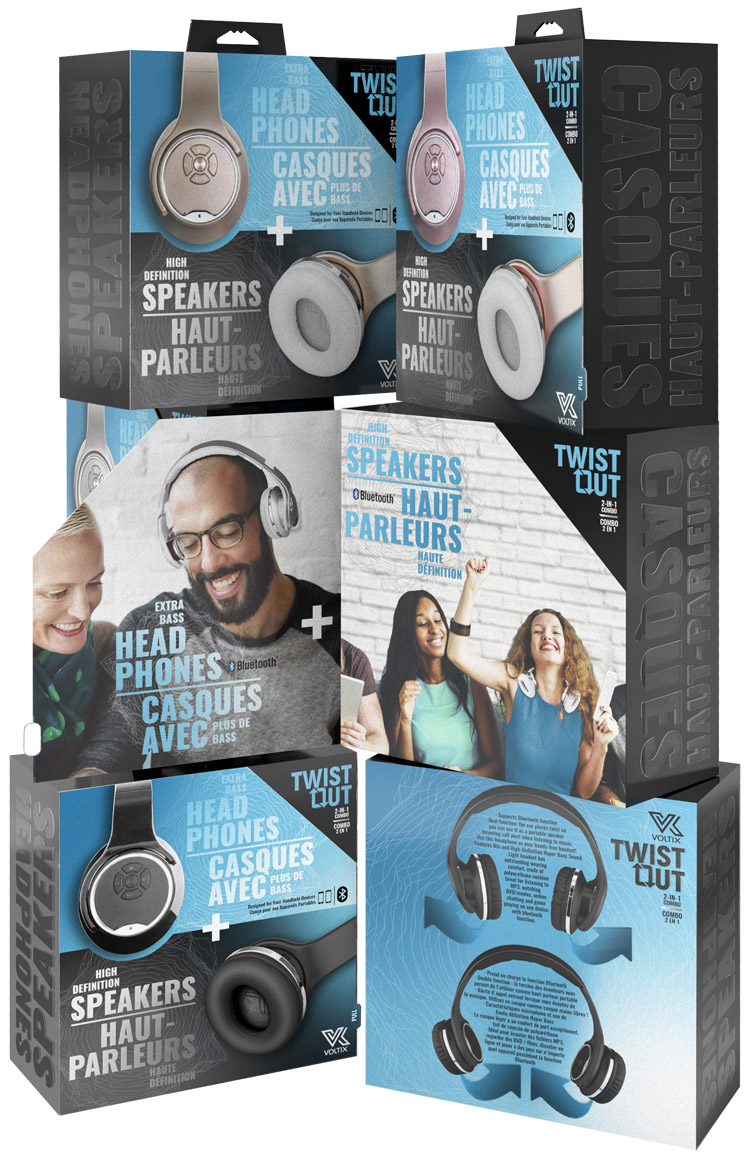 VOLTIX Twist Out is a set of headphones that turn into speakers by flipping the ear muffs. This solution features a door flap that when open reveals lifestyle images showing both functions. The Twist Out was sold in Canada so the verbiage had to be presented in English and French