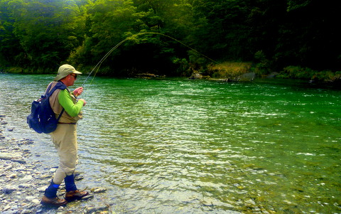Hook up in a fast run,Keiths first fish of the new season on a dry.