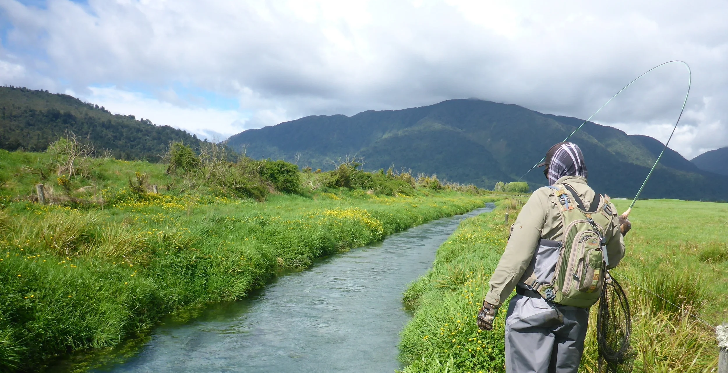 Playing a brown trout in gin clear spring creek in south westland NZ - Edit.JPG