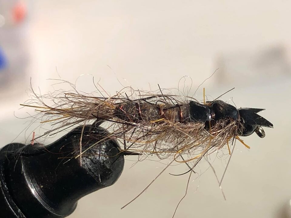 A lighter brown colouration works well. The Fly Tyers Dungeon N-T Dubbing looks super buggy with the micro rubber legs and even better when its wet… see below image.