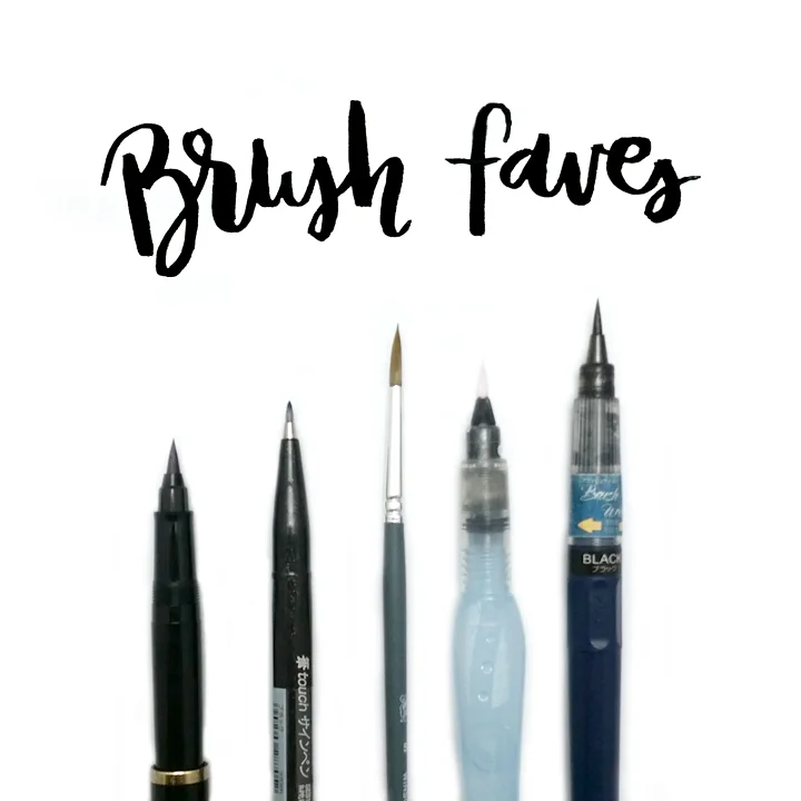 Left to Right: Sailor 1911 Brush pen, Pentel Touch sign pen, Winsor and Newton watercolor brush, Pentel Aquash fine, Zig Brush Writer.