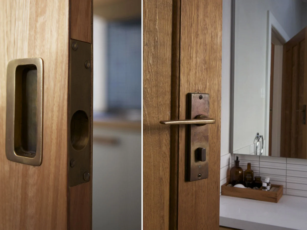 Left to right: Aged brass sliding door furniture;&nbsp;Salvaged brass door handles