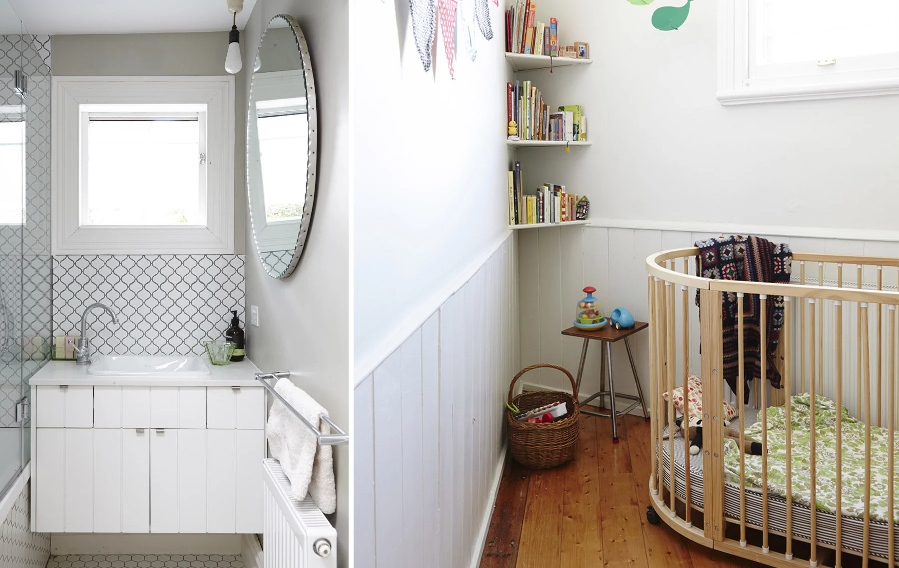 A teeny-tiny bathroom/ laundry and toilet were reconfigured by Nicola, making them functional despite the spatial challenges, graphic detail in the vanity and tiles adding interest. Trims and mouldings were painted white to contrast with the timber floors and provide cohesion.&nbsp;