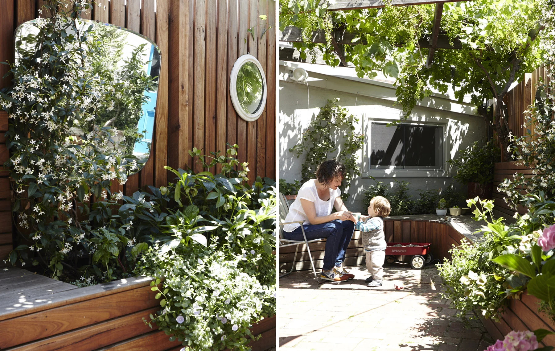 Designed by Nicola from Drawing Room Architecture, The west facing outdoor courtyard features built-in seating and garden beds,&nbsp;a beautiful tall slatted fence and oversized gate and a shady pergola to protect from the hot summer sun. Alice filled the space with a table tiled in vintage Art Deco tiles, a huge range of plants, mirrors and shelves to vertical surfaces.&nbsp;