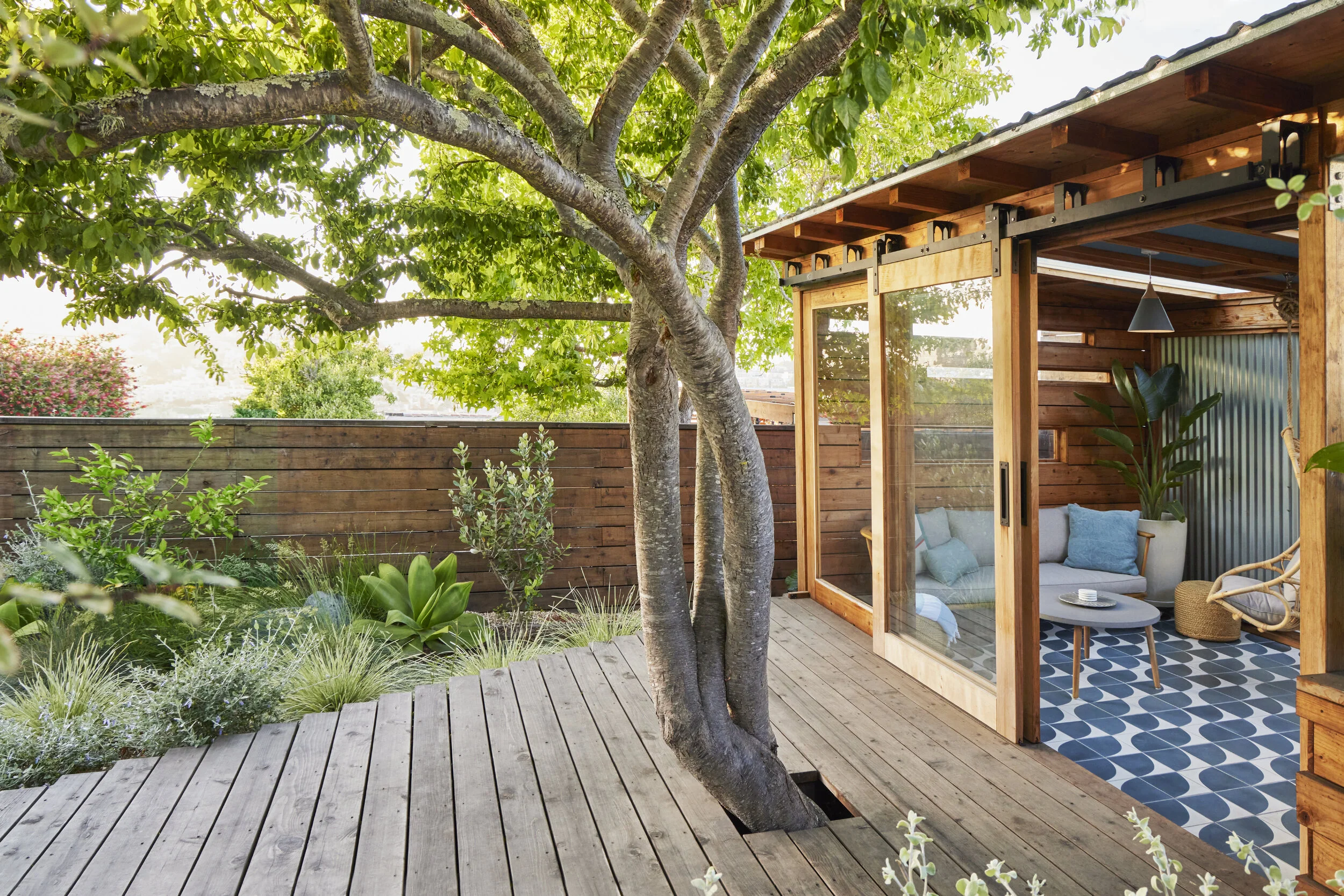 A wooden deck with a tree growing through it, adjacent to a glass-enclosed porch with outdoor seating and potted plants.
