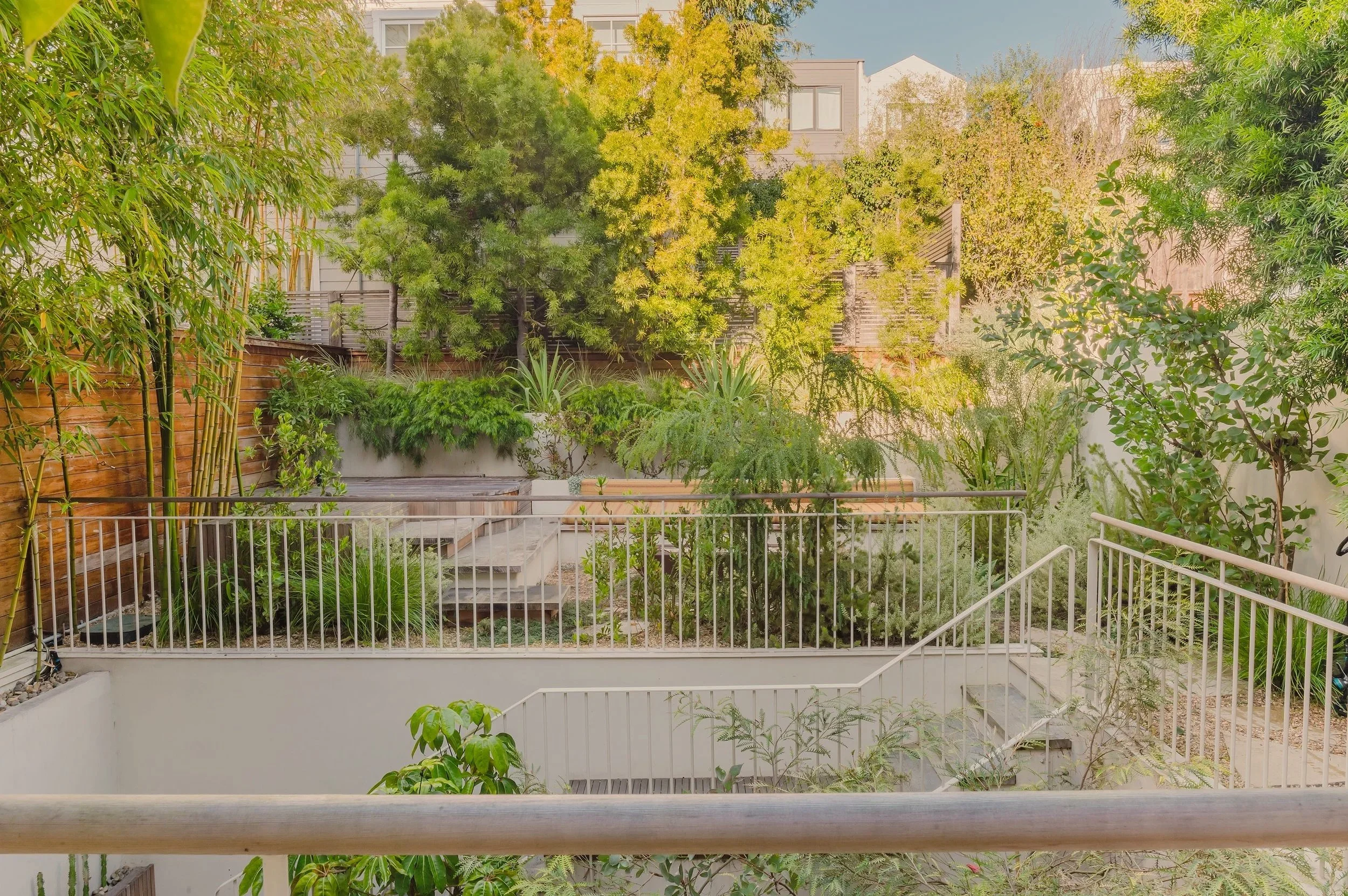 A view of a lush backyard garden with various green trees, shrubs, and plants, enclosed by a white fence and surrounded by residential buildings in the background.