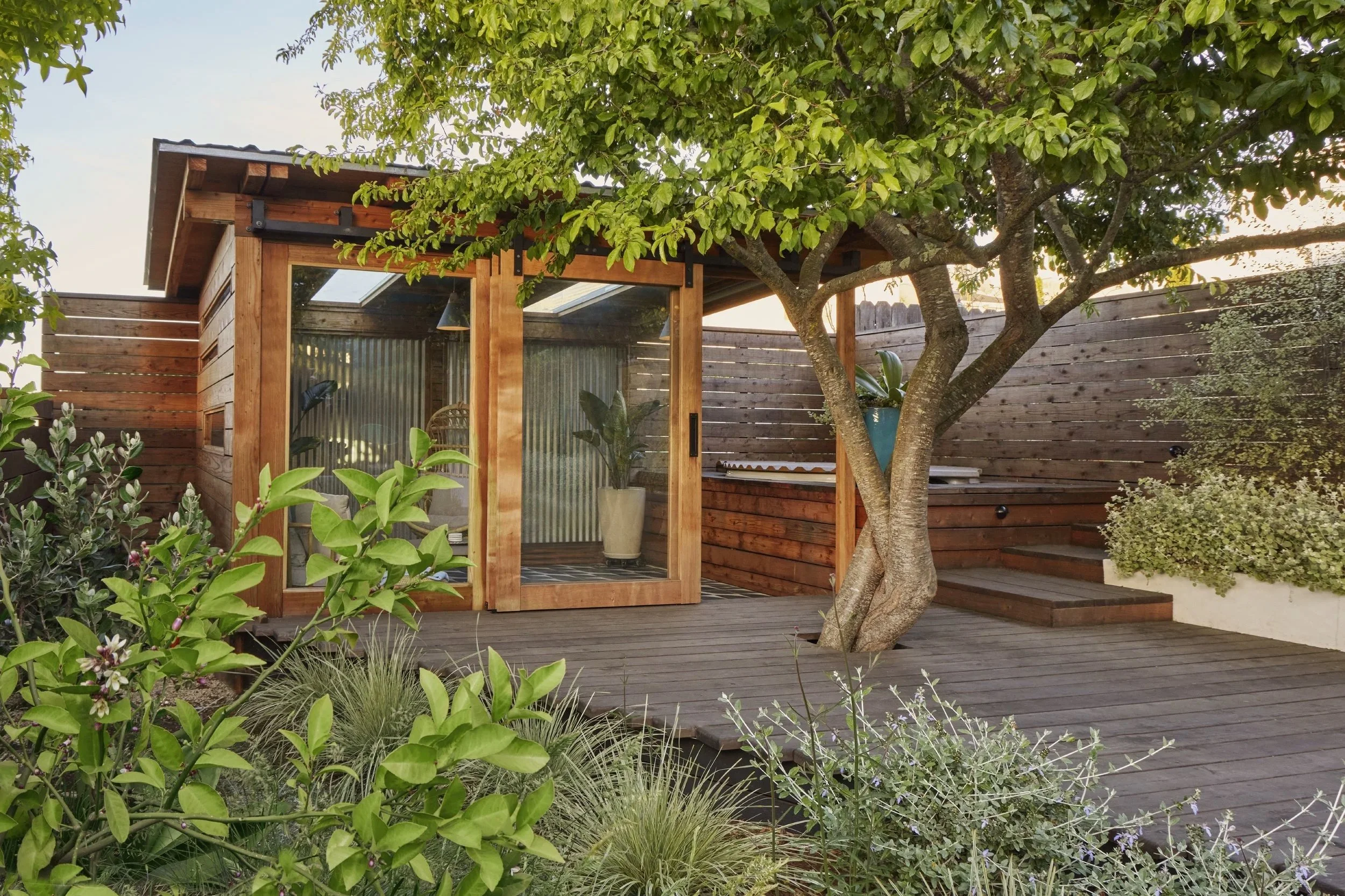 Outdoor garden with wooden deck, small greenhouse, and lush green plants and trees.