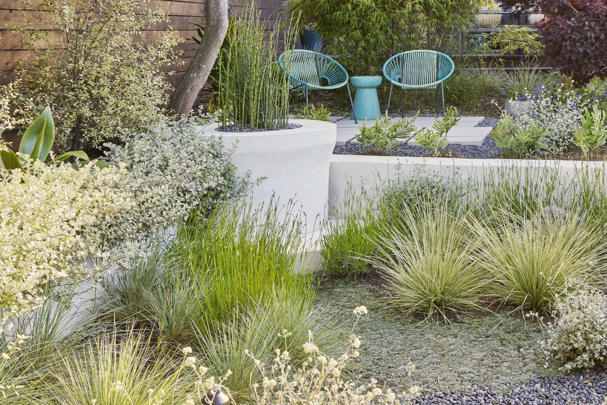 A modern outdoor garden with white concrete planters, lush green plants, ornamental grasses, and flowering shrubs. Two blue wire chairs and a small teal table are arranged on a patio area in the background.